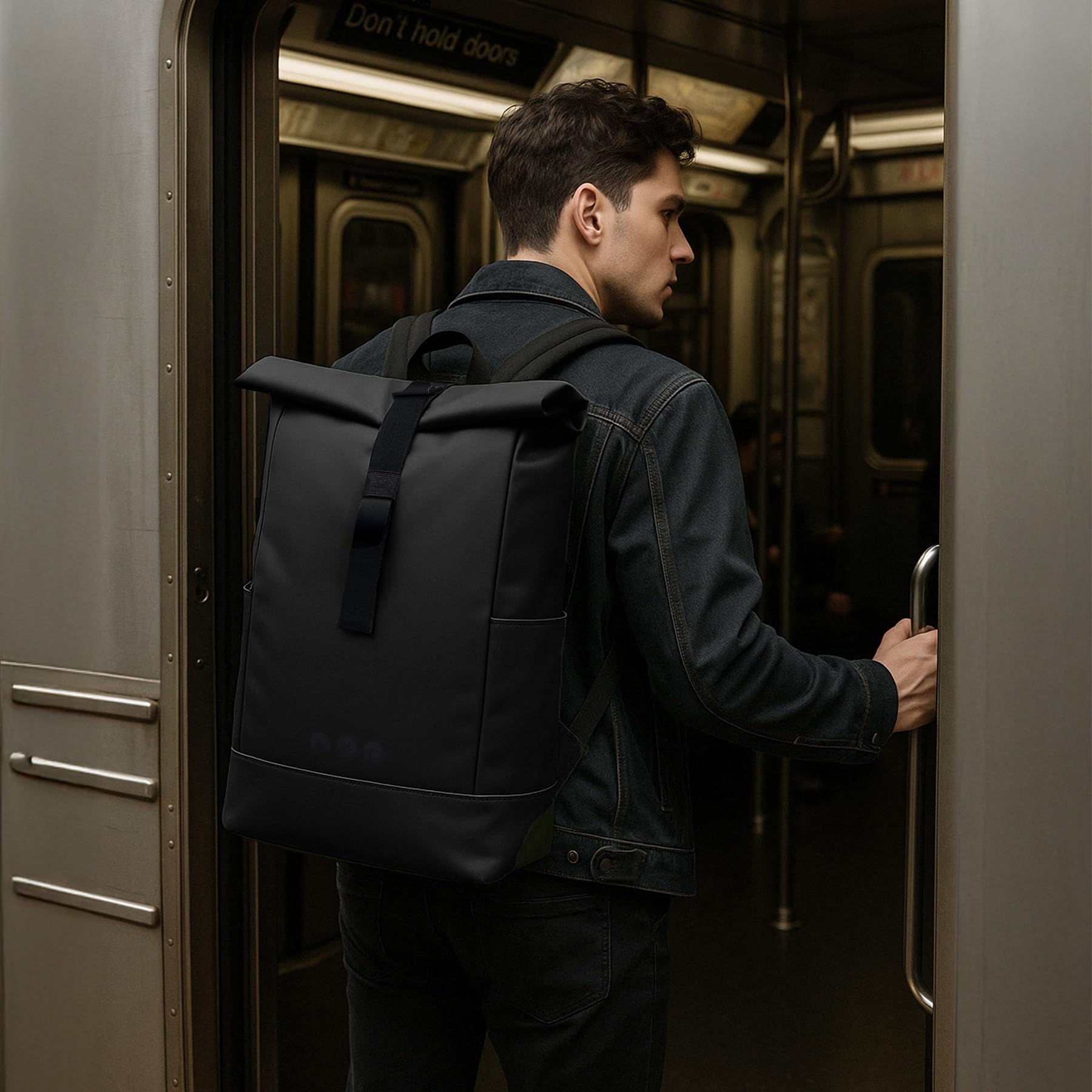Rolltop Rucksack HOLU groß aus recyceltem Material Laptop-Fach und Trolley-Fix für Damen und Herren, ideal als Handgepäck oder Tagesrucksack wasserabweisend