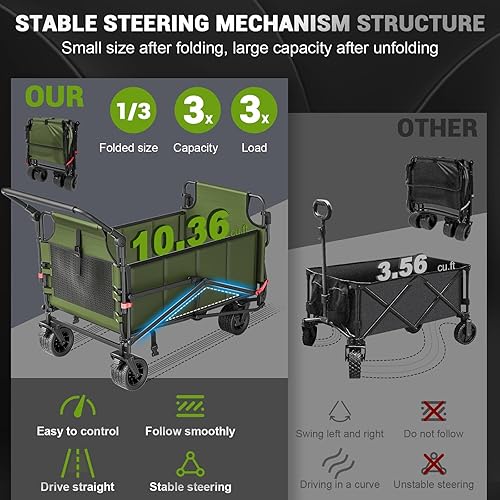 Miniatura 4 de LEVELEVE Carro plegable resistente, carrito plegable 2 en 1, capacidad de 650 libras, ruedas todo terreno con frenos y bolsillos laterales (verde