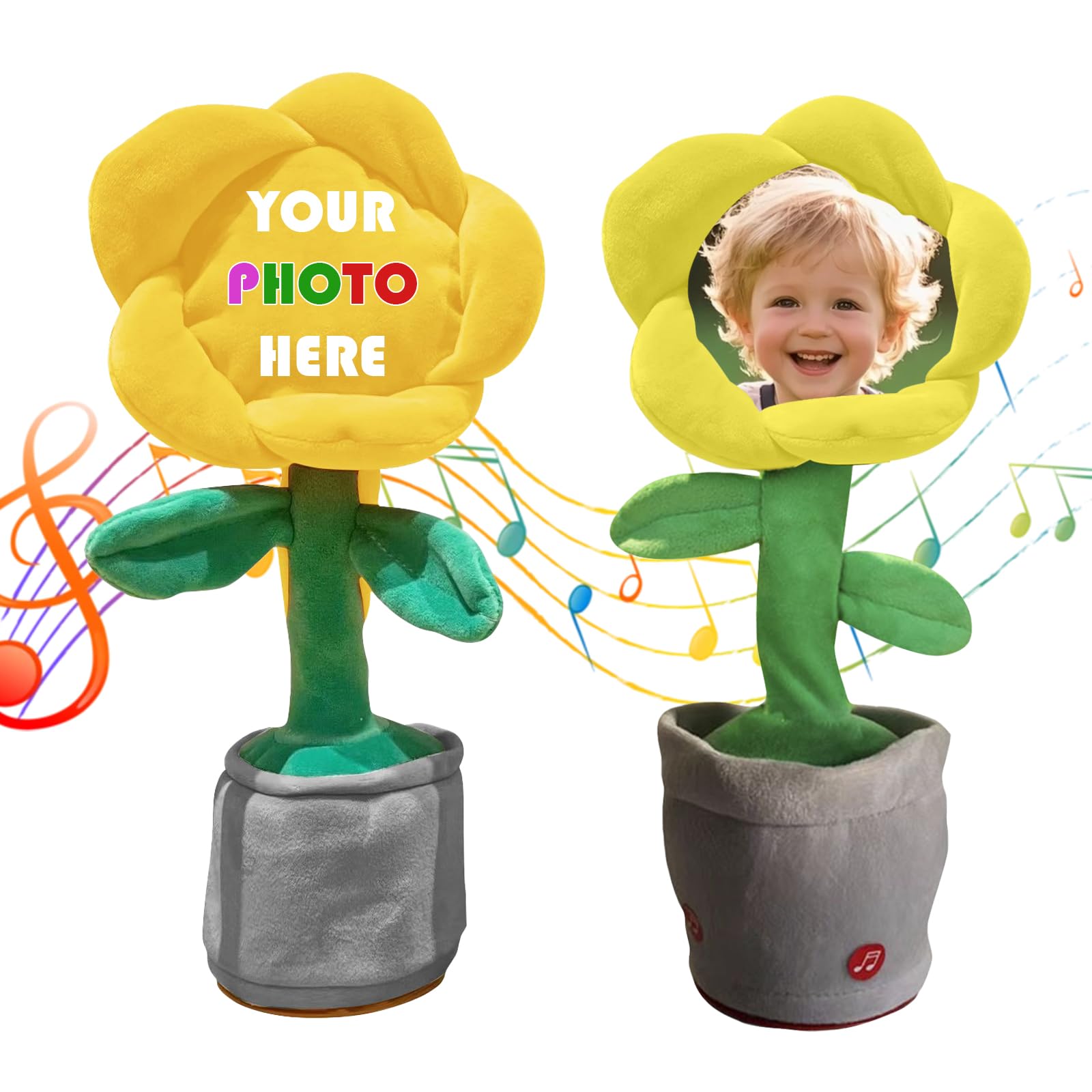 Personalised Sunflower Plush Toy Dancing Singing with Custom Face Photo Soft Plush Flower Pot Decor for Childrens Birthday Gifts (Yellow)