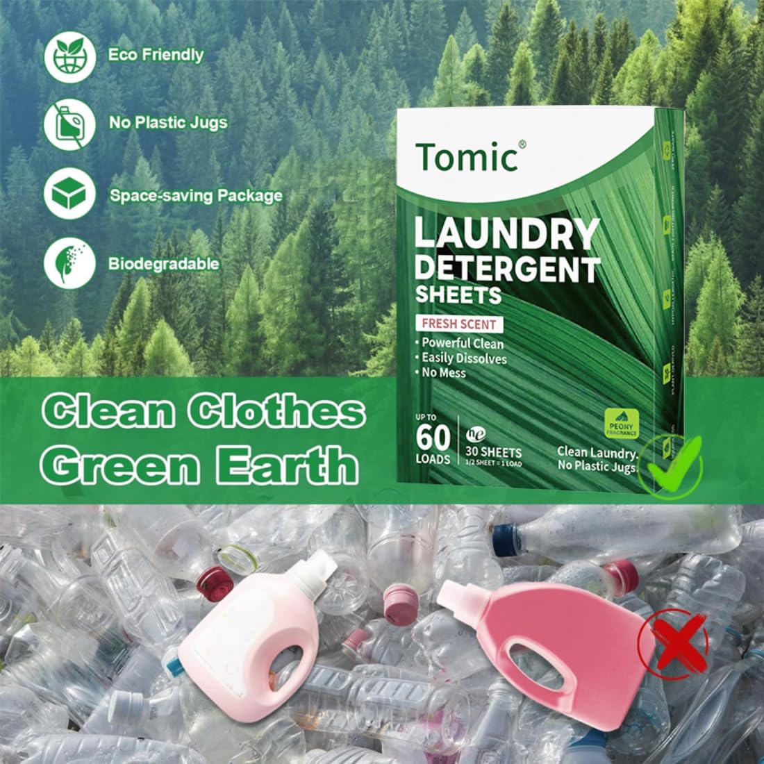Lessive en Feuille Biodégradable, 30 sheets/60 loads, 100% Hydrosoluble-Lessive pour bebe-Hypoallergénique-Sans Plastique, Pour Blanc et Couleur-Lessive main voyage-Fraîcheur intense