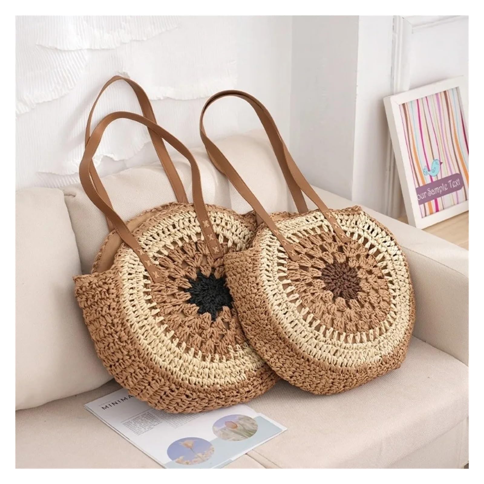 Borsa rotonda intrecciata in paglia Borsa a tracolla intrecciata in paglia stile bohémien