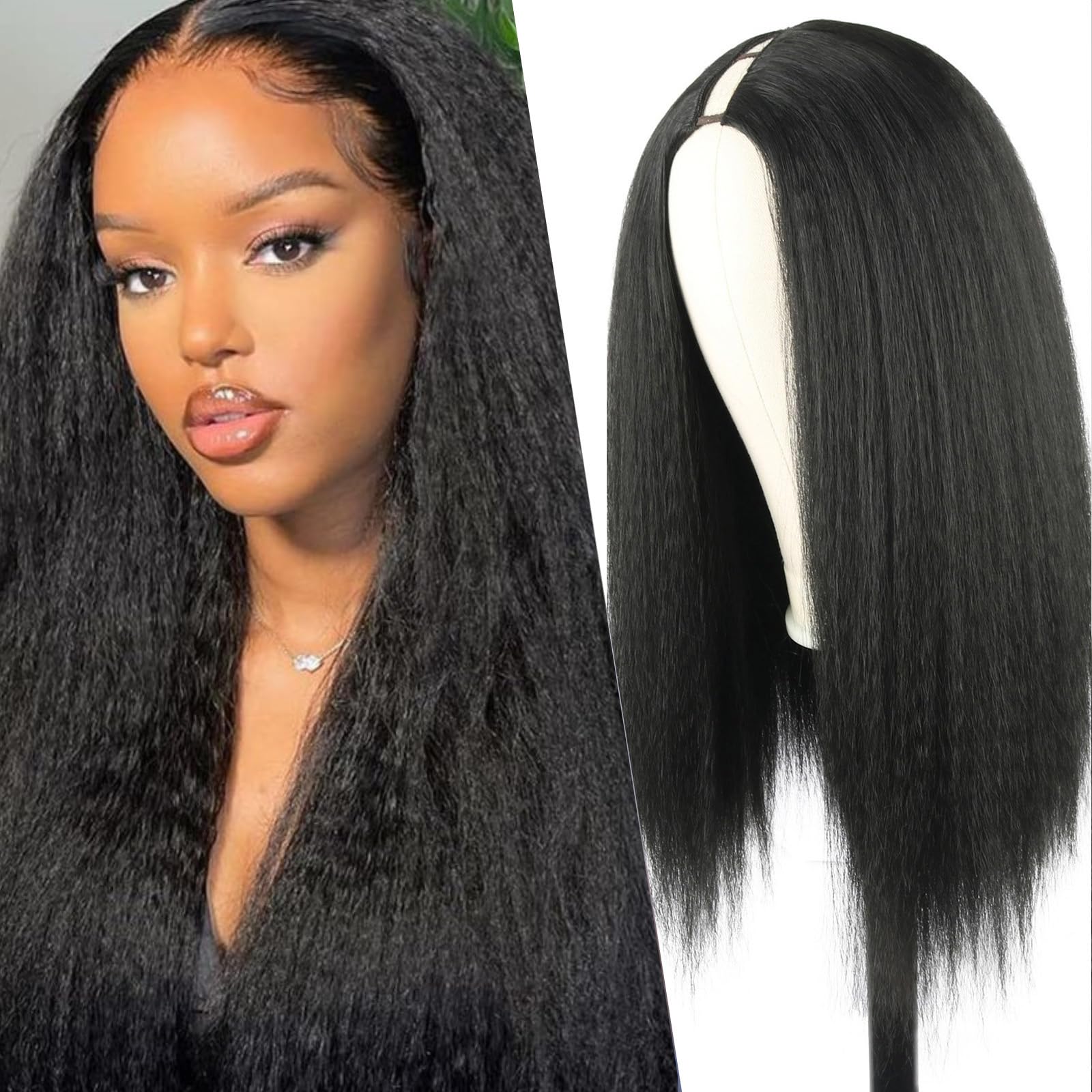 Long Yaki Straight V Part Wigs for Black Women V Shape Wigs Glueluss No Leave Out Wig Syntehtic Kinky Straight U Part Wigs for Women Natural Scalp Black Straight Wig 20inch