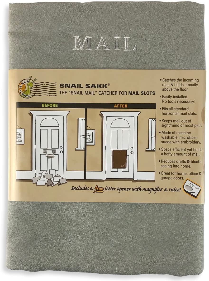 SNAIL SAKK: Mail Catcher for Mail Slots - Grey with Window.  No More Mail on The Floor!  No Screws or Tools Needed.  Draft reducing and Much More.  Use on Home, Office and Garage Doors.