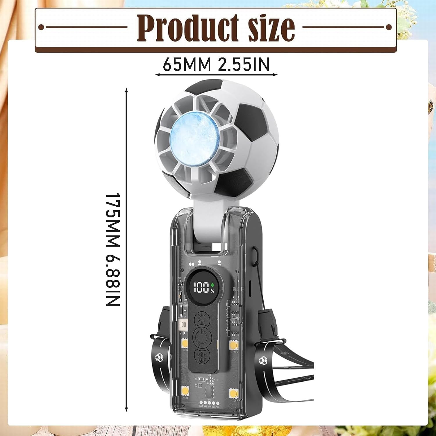 Portable Handheld Turbo Fan with Ice Cooler, Soccer-Shaped, Rechargeable, 180° Adjustable, Mini Pocket Fan for Travel, Outdoor, Office (Black)