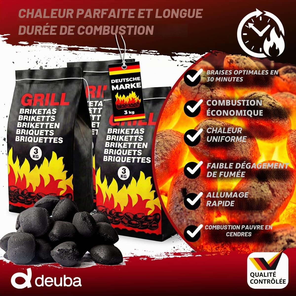 DEUBA® Briquettes de Charbon de Bois 27kg 9x3kg briquettes Bois Longue durée Barbecue BBQ braises Durable Grill briquets Charbon Bois Facile à Allumer