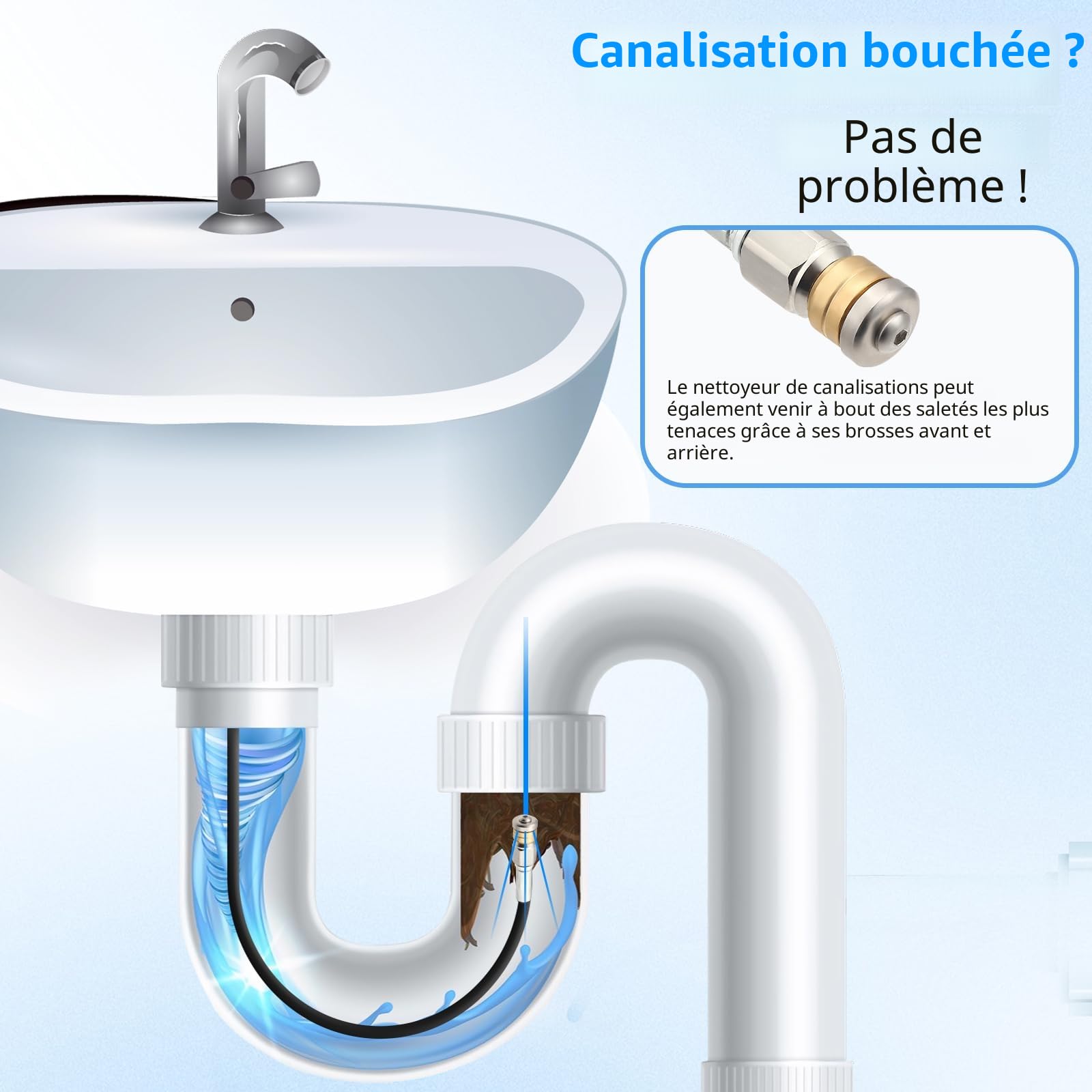 Furet Deboucheur Canalisation Haute Pression 30M,Tuyau Flexible 210 Bar 60°C,Avec Adaptateur,Buse Fixe/Rotative,Rallonge De Tuyau Pour Karcher Nettoyeur Compatible Avec Kärcher K2-K7 (30M)