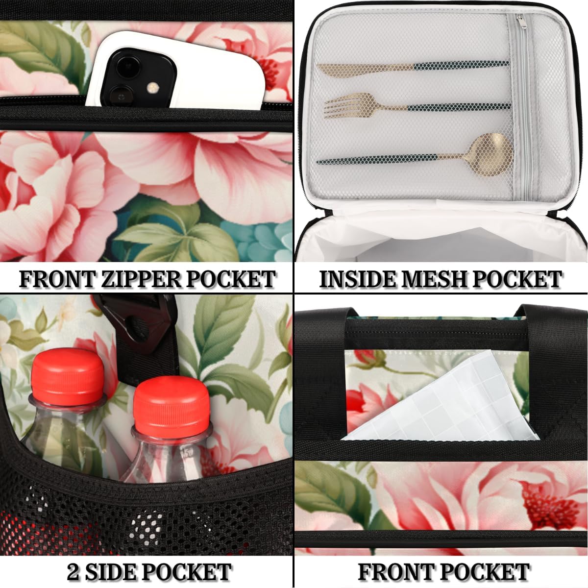 Florals Insulated Picnic Backpack Lunch Box for Women Men Picnic Basket Tote Lunch Bag Picnic Bag Portable Lunch Bags for Picnic, Beach, Work, Trip,Office, Camp Peony Hydrangea