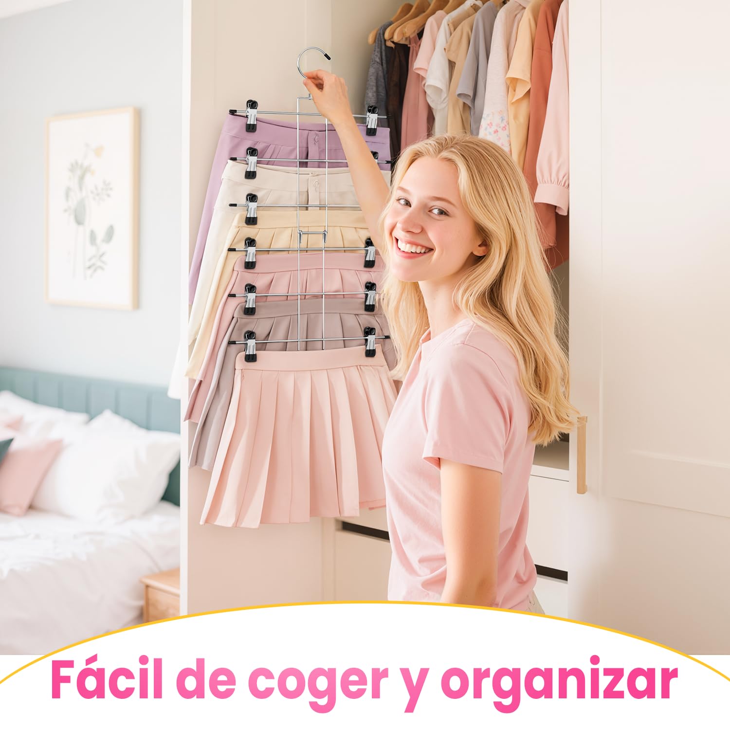 DAMITA Perchas con Pinzas para Faldas y Pantalones Percha Vertical 6 Niveles con Gancho 360° Ahorro de Espacio Diseño Seguro para los Dedos – Dormitorio, Piso o Residencia 1 Unidad