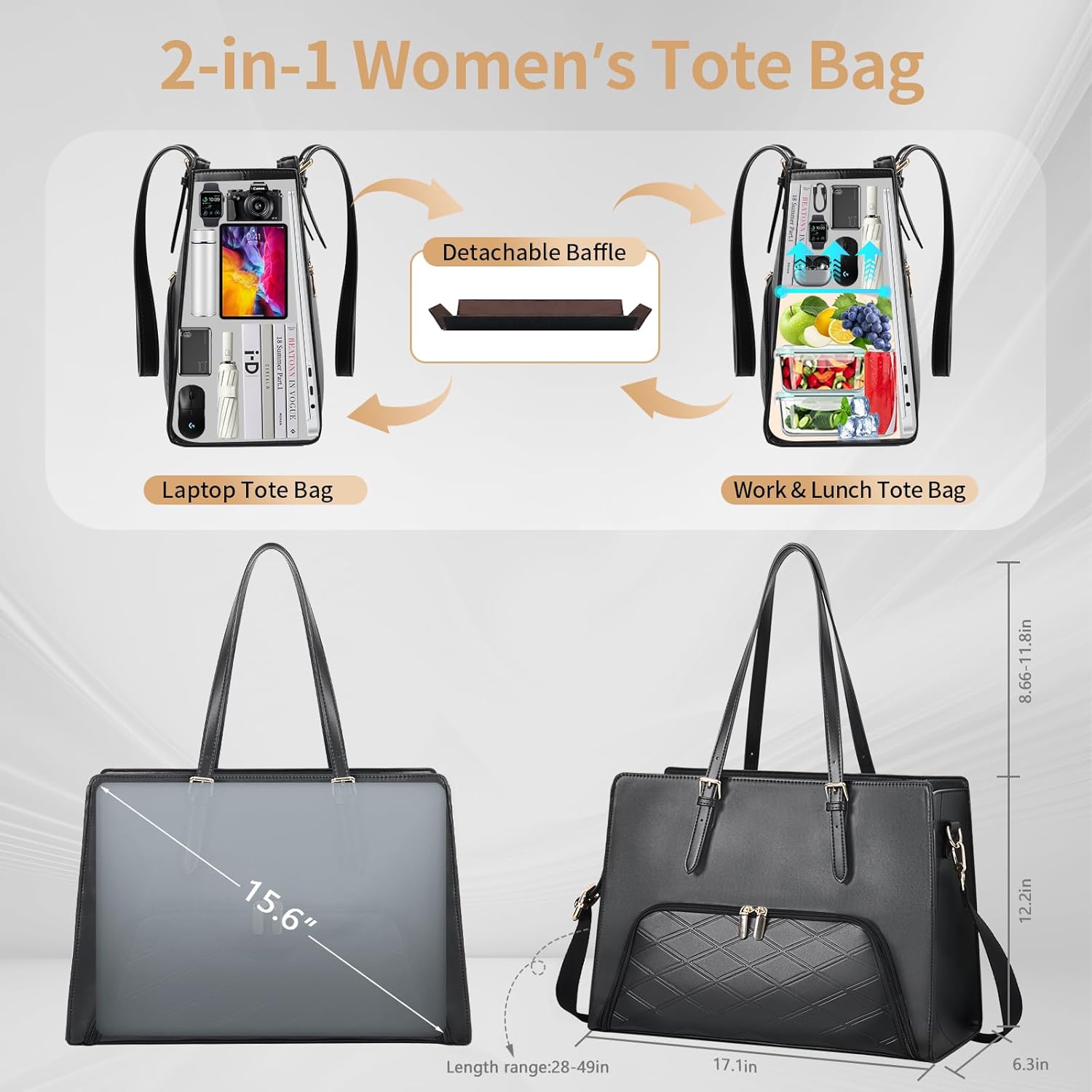 Jetviivid Lunch Tote Bag for Women, 15.6-17.3 Inch Laptop Bag with Lunch Compartment PU Leather Work bag for Business,Office - Image 3