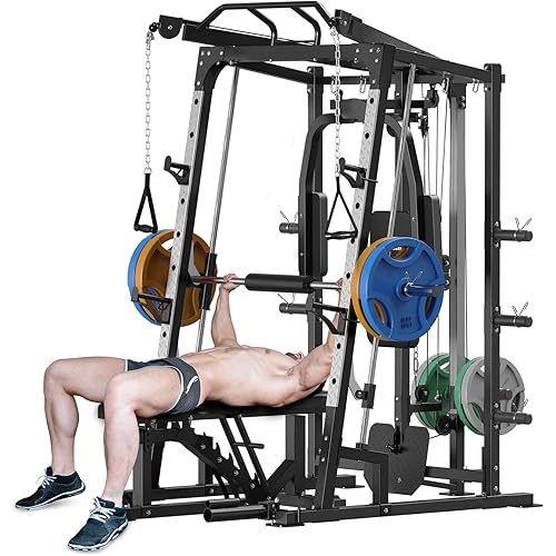 SunHome Smith Machine, 2000LBS Power Cage Squat Rack with Smith Bar, Two LAT Pull-Down Systems, Cable Crossover Machine and and More Cable Attachment for Home Gym