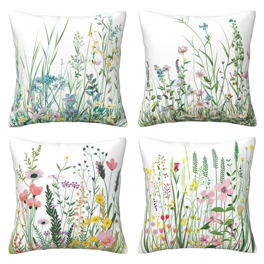 Kissenbezug 60x60 cm Wildblumen Sofakissen 4er Set Leinen Dekokissen Kissenbezüge Couchkissen Gras Outdoor Kissen Zierkissen Kissenhüllen für Schlafzimmer, Sofa, Stuhl, Bett, Garten Deko Kissen -LI87