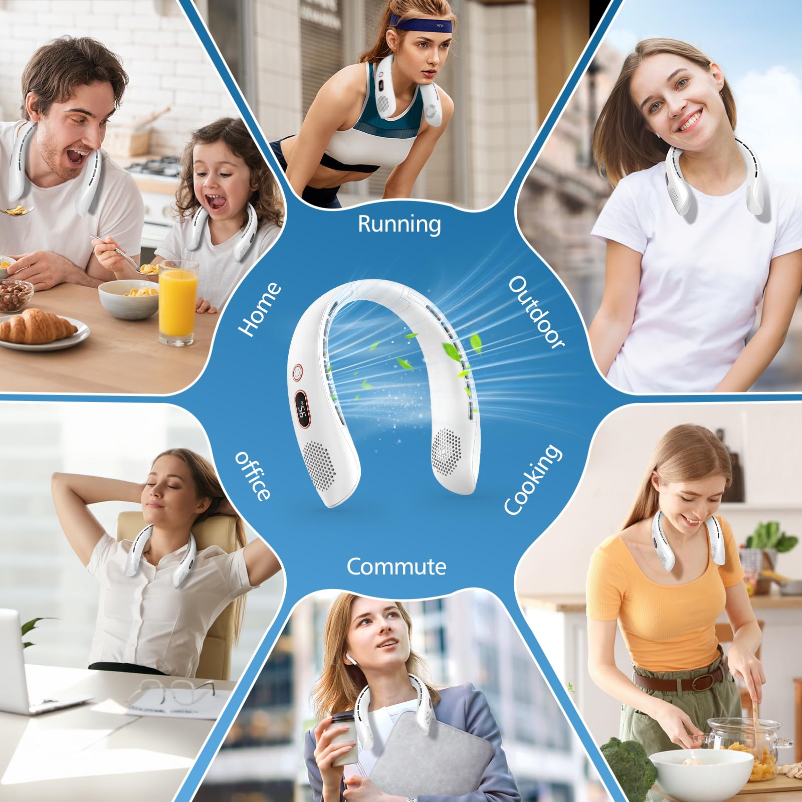 YAZEKY Ventilateur de Cou,Portable USB Ventilateur de cou sans lame Silencieux avec flux d’air à 360°,3 Vitesses Rechargeable Mini Ventilateur Personnel pour Bureau Domicile Voyage En Plein Air(Blanc)