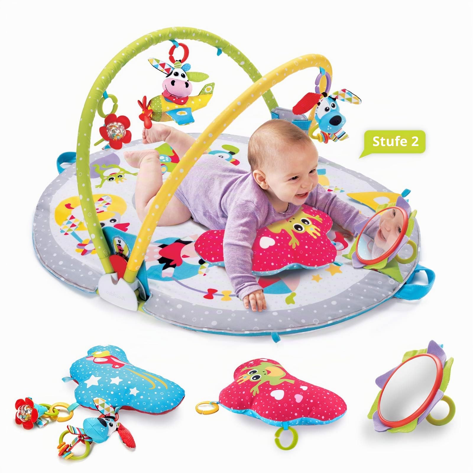 Yookidoo Baby Gym Liegen-bis-Sitzen Spielmatte – 3-in-1 Activity Center für Neugeborene mit Bauchlage-Spielzeug, Kissen & Babyspiegel – 0–12 Monate