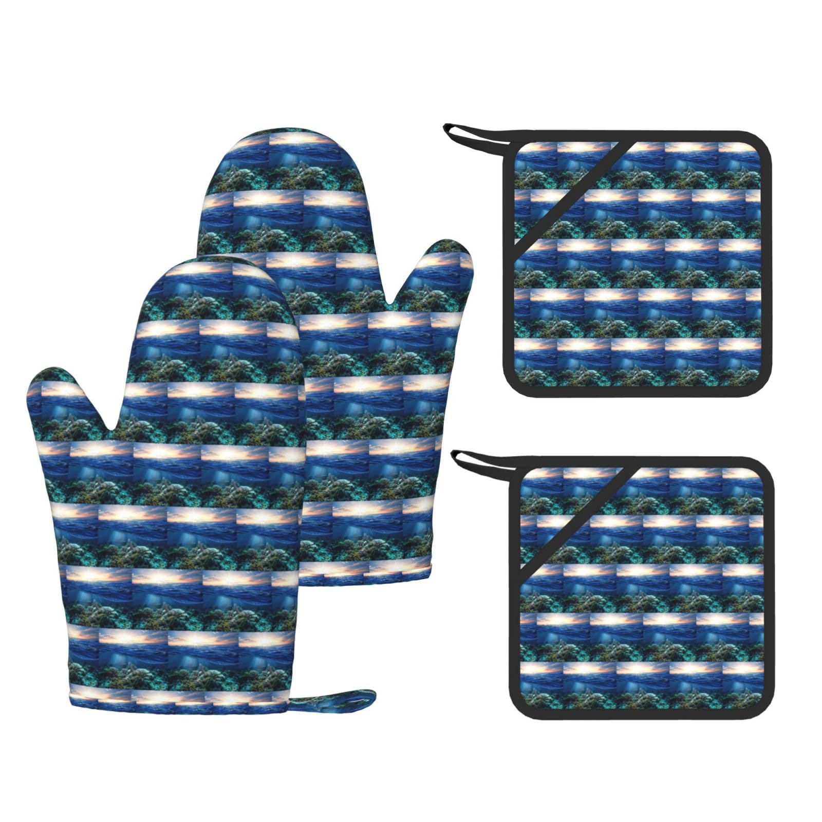 Sea Turtle Floating Up and Over Coral Printed Potholder and Oven Mitt Set of 4, High Heat Resistant Cooking Gloves for BBQ Grilling