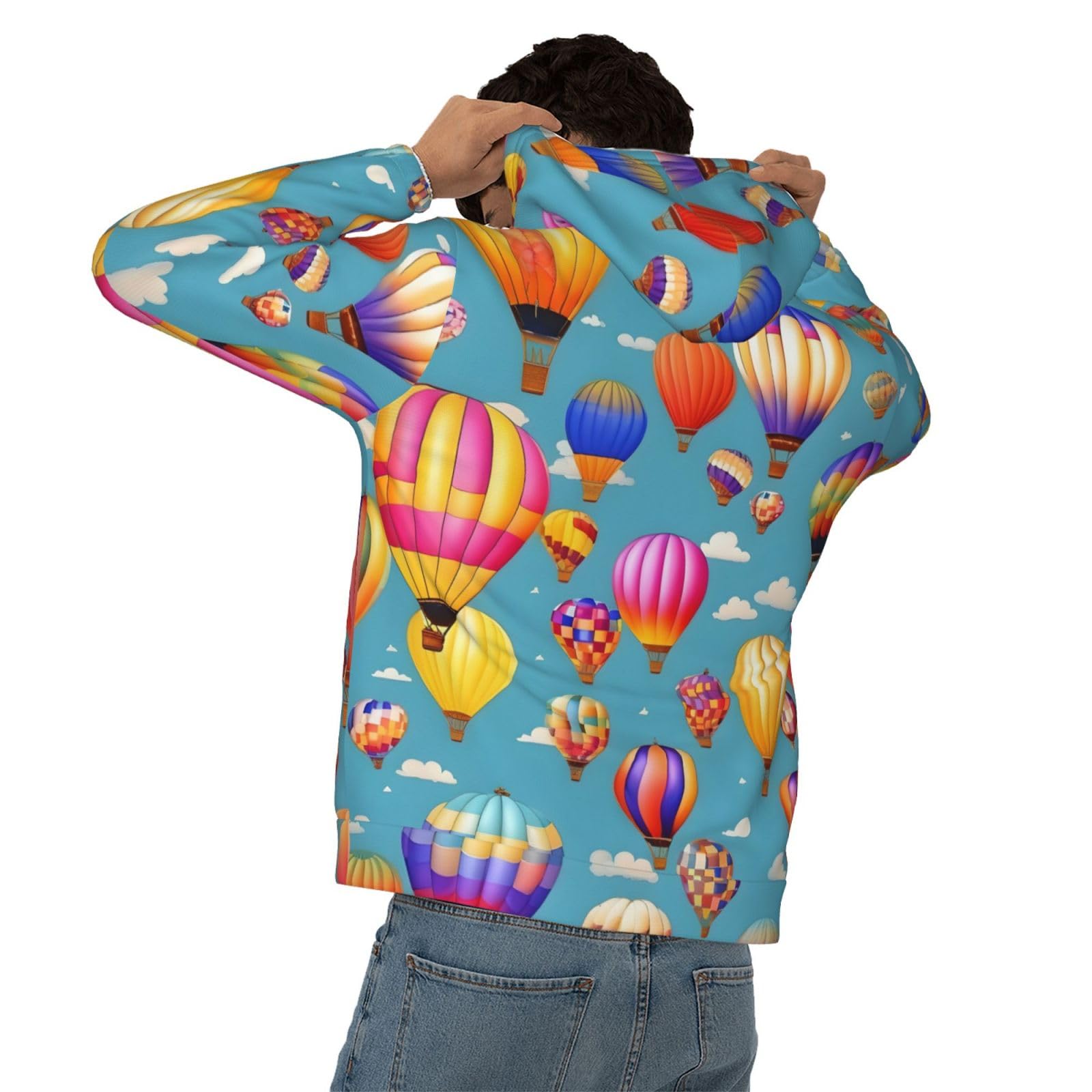 Męska bluza z kapturem z kolorowym nadrukiem balonów na gorące powietrze, casualowa grafika z nadrukiem bluzy z kapturem z kieszenią