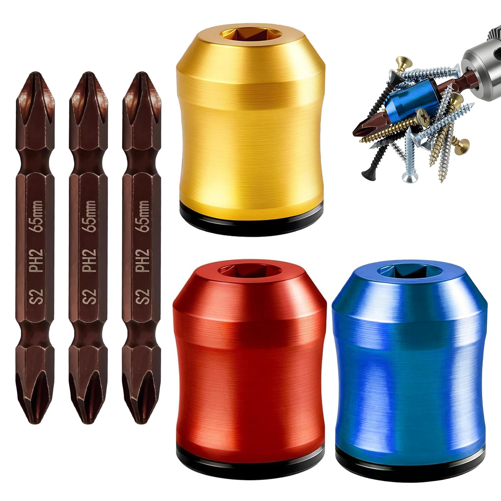 Bettinay 3 Pcs Screwdriver Head Magnetic Ring, Universal Removable Magnetic Bit Holder with 3 Screwdriver Bit for Home, DIY Repair