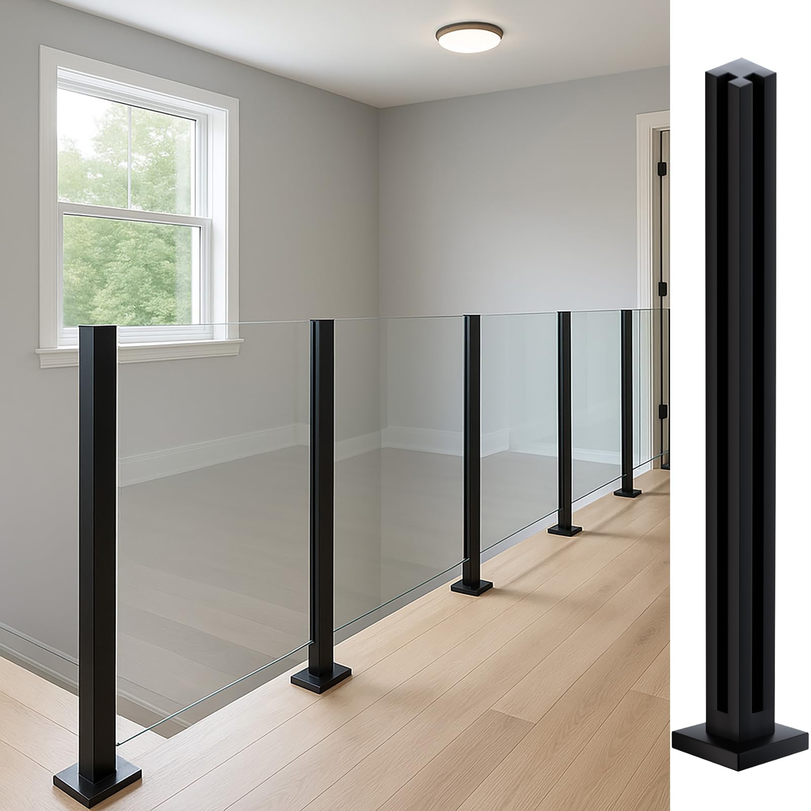 Cvter Poste Para Barandilla de Vidrio Negra: 95cm de Balaustrada de Cubierta de Vidrio Sin tapa con Ranuras para Cubiertas, Escalones, Balcón, Piscina, Jardín, Escaleras. Acero inoxidable