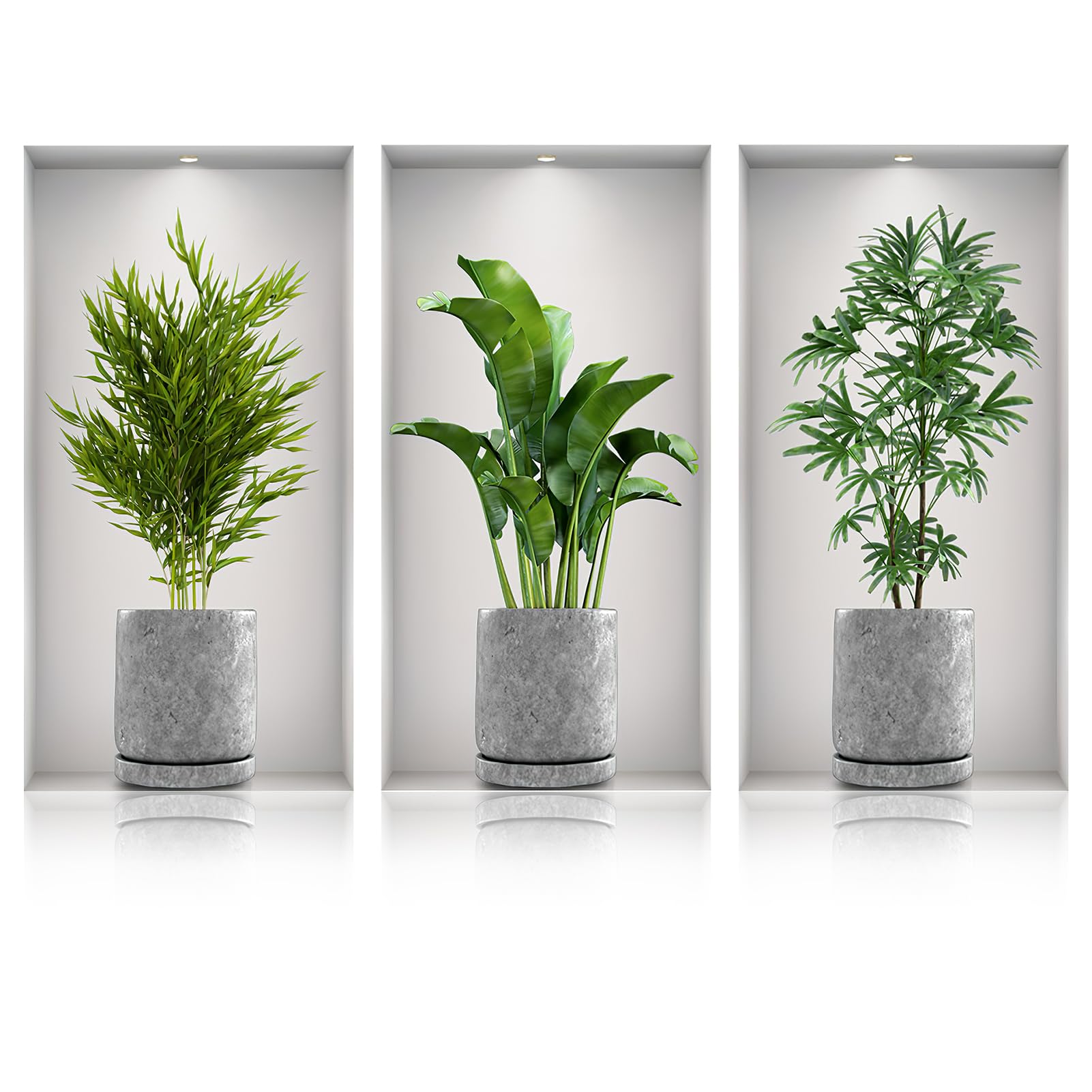 ihohi 3D Wall Stickers, 3pcs Art Realistic 3D Window View Scenery Green Plant Vase Wall Stickers Pictures Self-Adhesive for Living Room Bedroom Kitchen Wall Decor