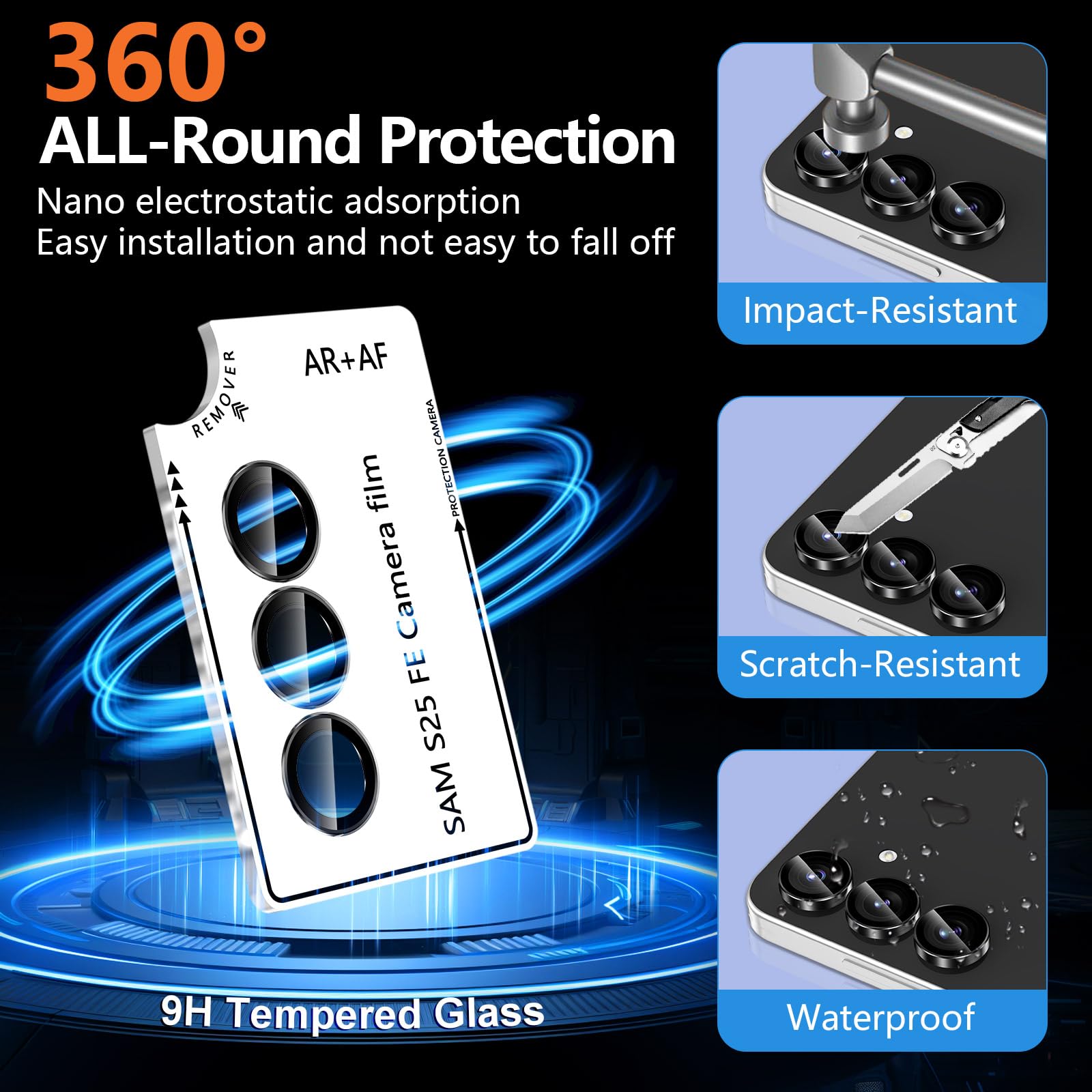 The Avocase camera lens protector for Samsung Galaxy S25 FE features a durable metal ring and tempered glass for enhanced protection.