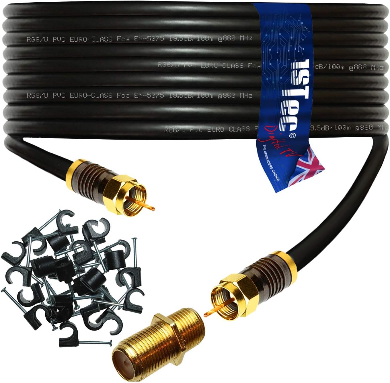 1STec 5m Gold Plated Male to Male Virgin Media Extension Cable with Cable Clips + Female Joining Coupler for V6 TIVO Set Top Box or VIVID Fibre Super Hub Broadband Modems (5 Metre, Black)
