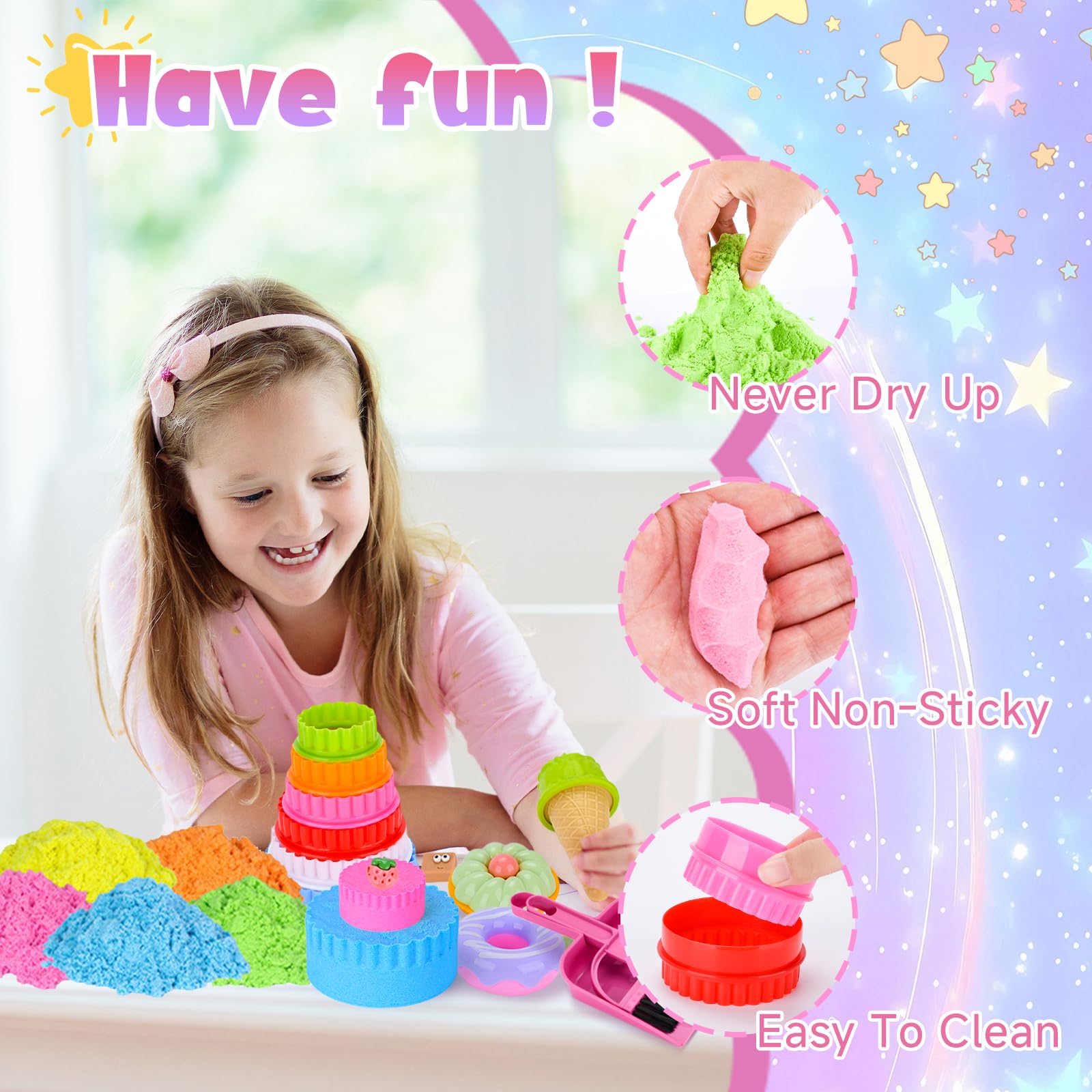 BBWELL Sable Magique Enfant,Jouet Sensoriel de Sable 900g Magic Sand 5 Couleurs,Sables Jouet Kit,Fille Jeu de Sables Kit,Sablees Magique Dessert Kits,Cadeau D'anniversaire Enfant de 3+ Ans