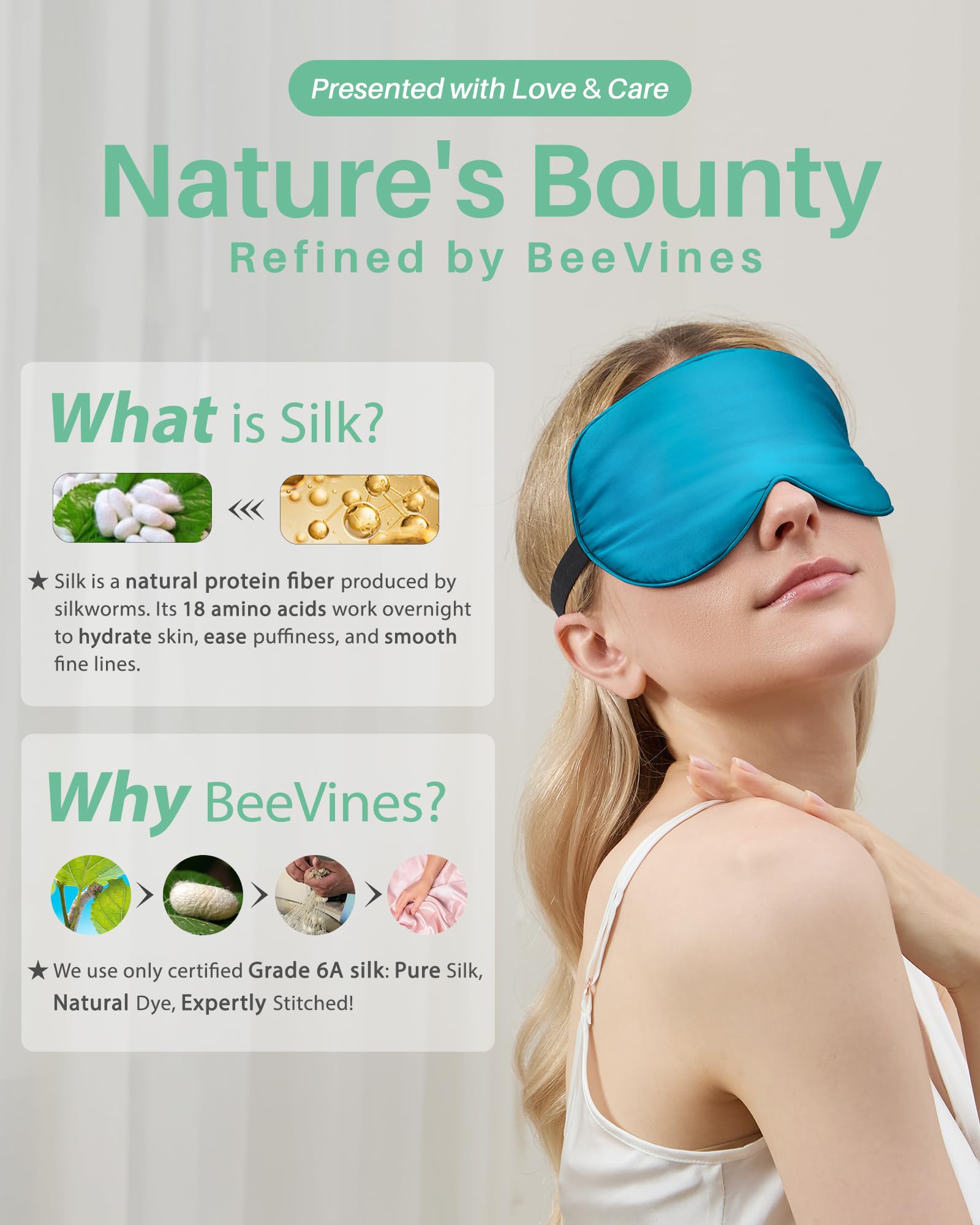 Maschera per dormire in seta, confezione da 2 maschere per occhi in vera seta naturale al 100% con cinturino regolabile, maschera per dormire per occhi, parasole per occhi BeeVines (blu pavone)