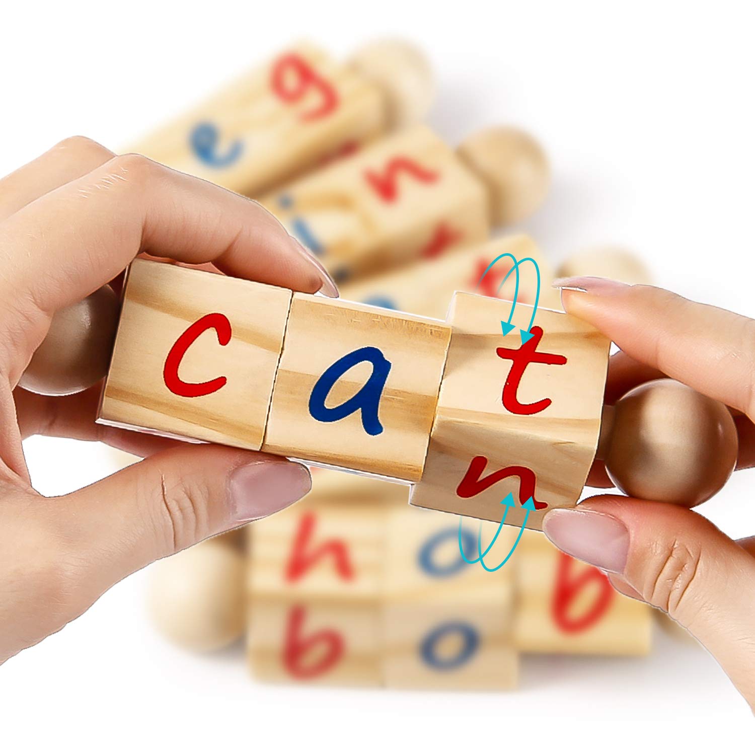 Creative Kids Wooden Reading Blocks - 5 Spinning Alphabet Blocks Montessori Toy