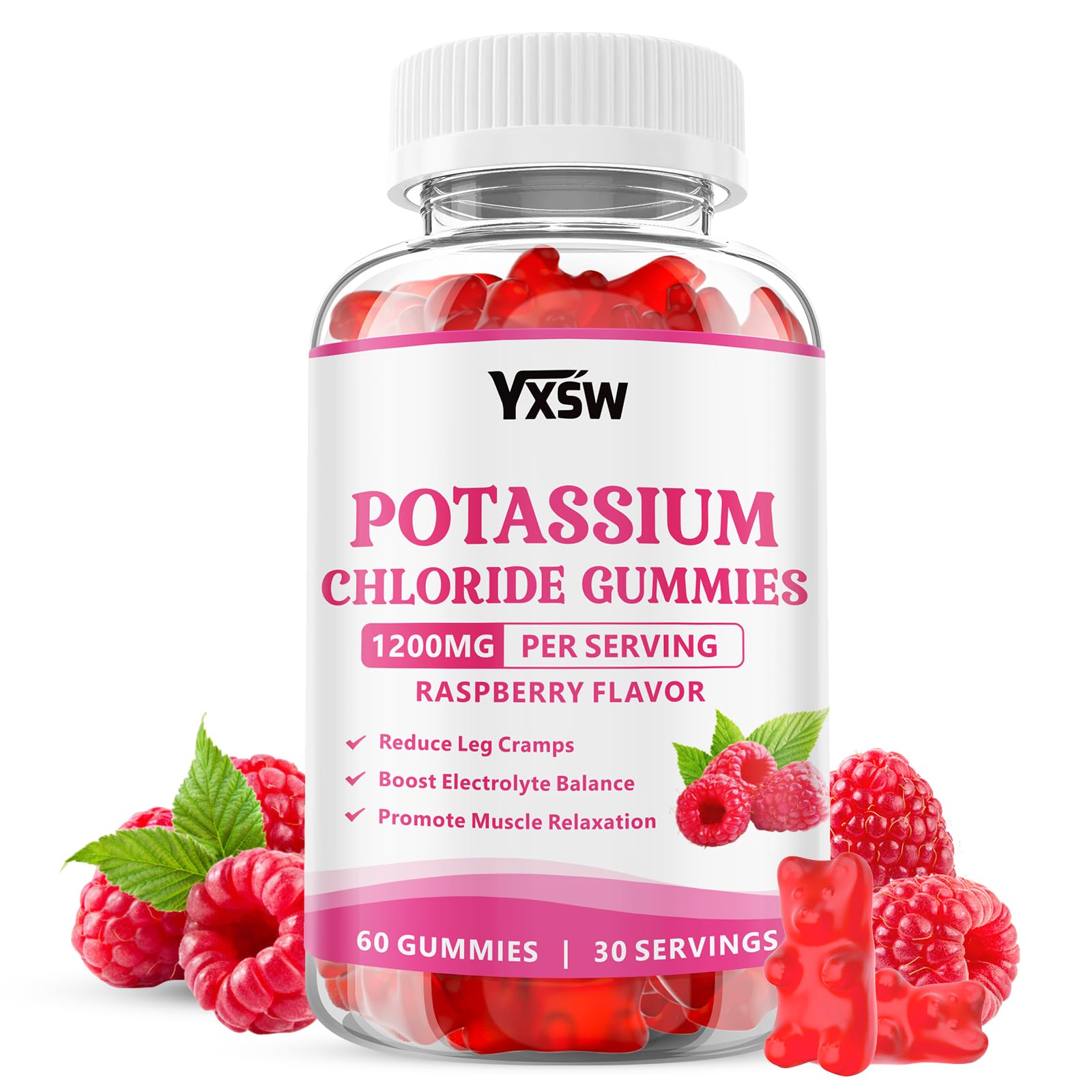 Potassium Gummies for Adults, Potassium Chloride 1200mg, Potassium Supplement for Women & Men, Supports Electrolyte Balance & Muscle Health, Sugar-Free, Raspberry Flavor, 60 Count 60 Count (Pack of 1)