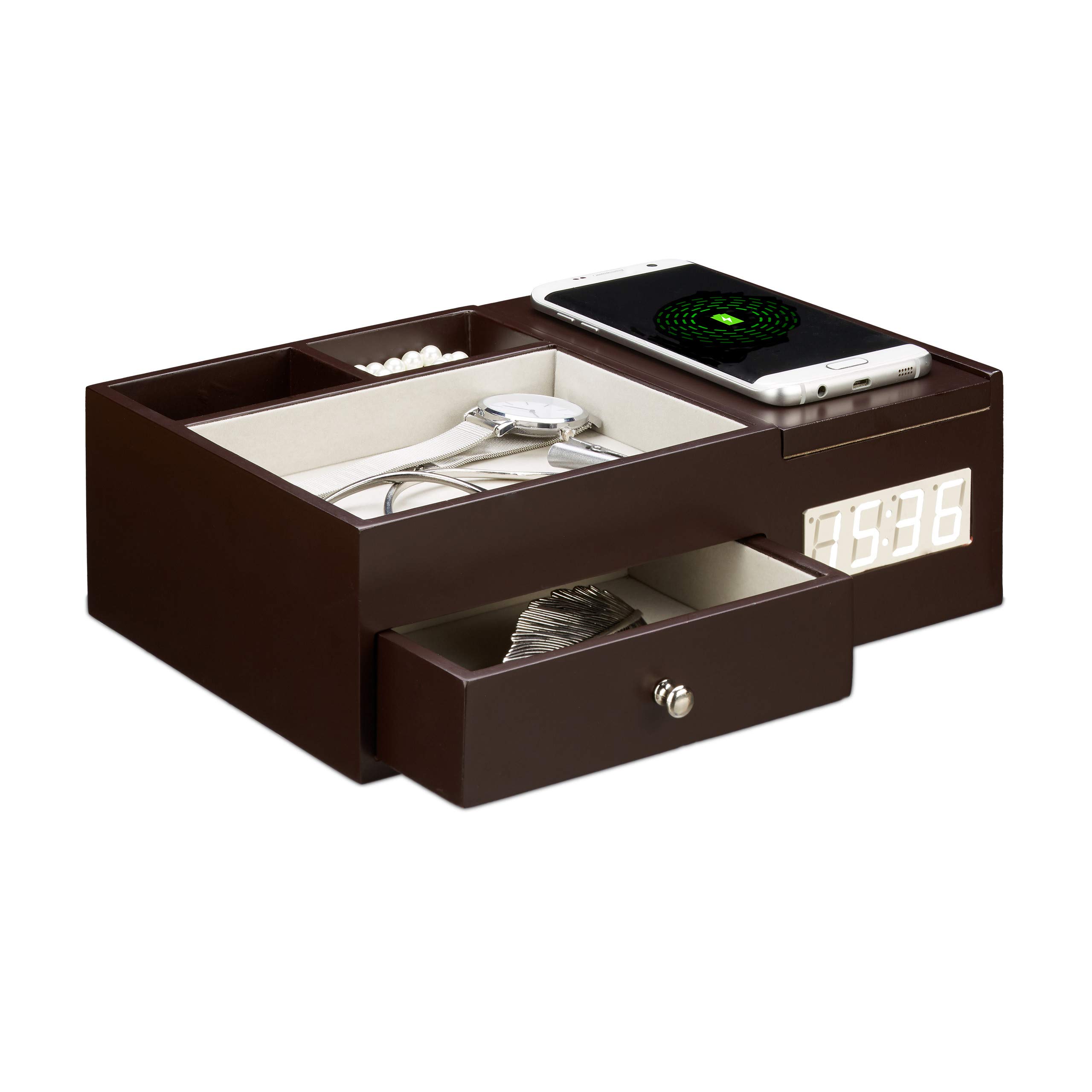 Relaxdays Chargeur Induction avec Organisateur de Rangement et Montre Fonction réveil, Chargement sans Fil, Dimensions 8 x 26 x 18 cm, Expresso