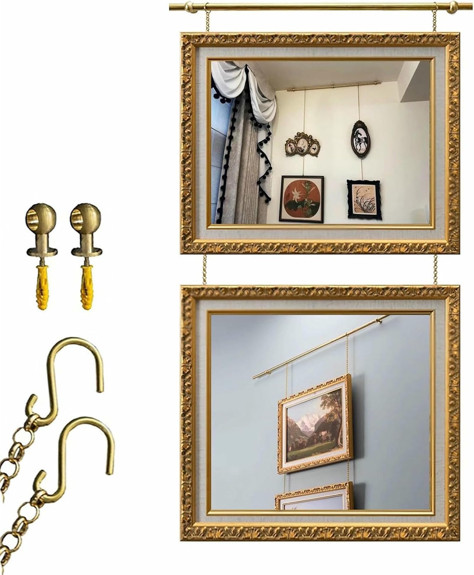 Sistema appendiquadri in Ottone Antico, Set di Sospensione con Catena Metallica per gallerie o salotti, Regolabile per cornici e Stampe su Tela 1.6m/63