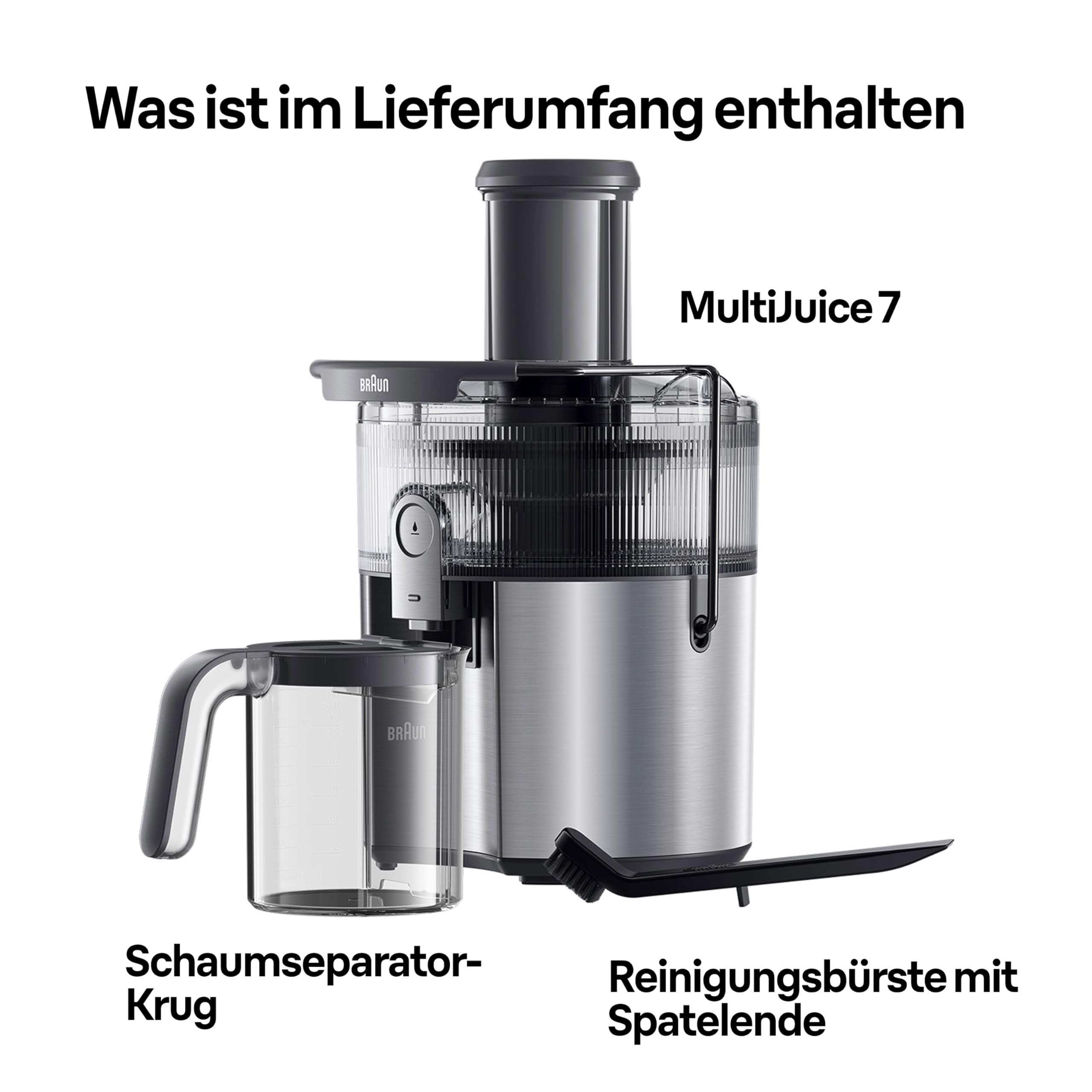 Braun MultiJuice 7 SJ700, Zentrifugalentsafter mit ColdXtract-Technologie, 75 mm Einfüllöffnung, 2L Fruchtsaftbehälter, Anti-Tropf-System, 4-faches Sicherheitssystem, Edelstahlfilter, 1000W, Grau