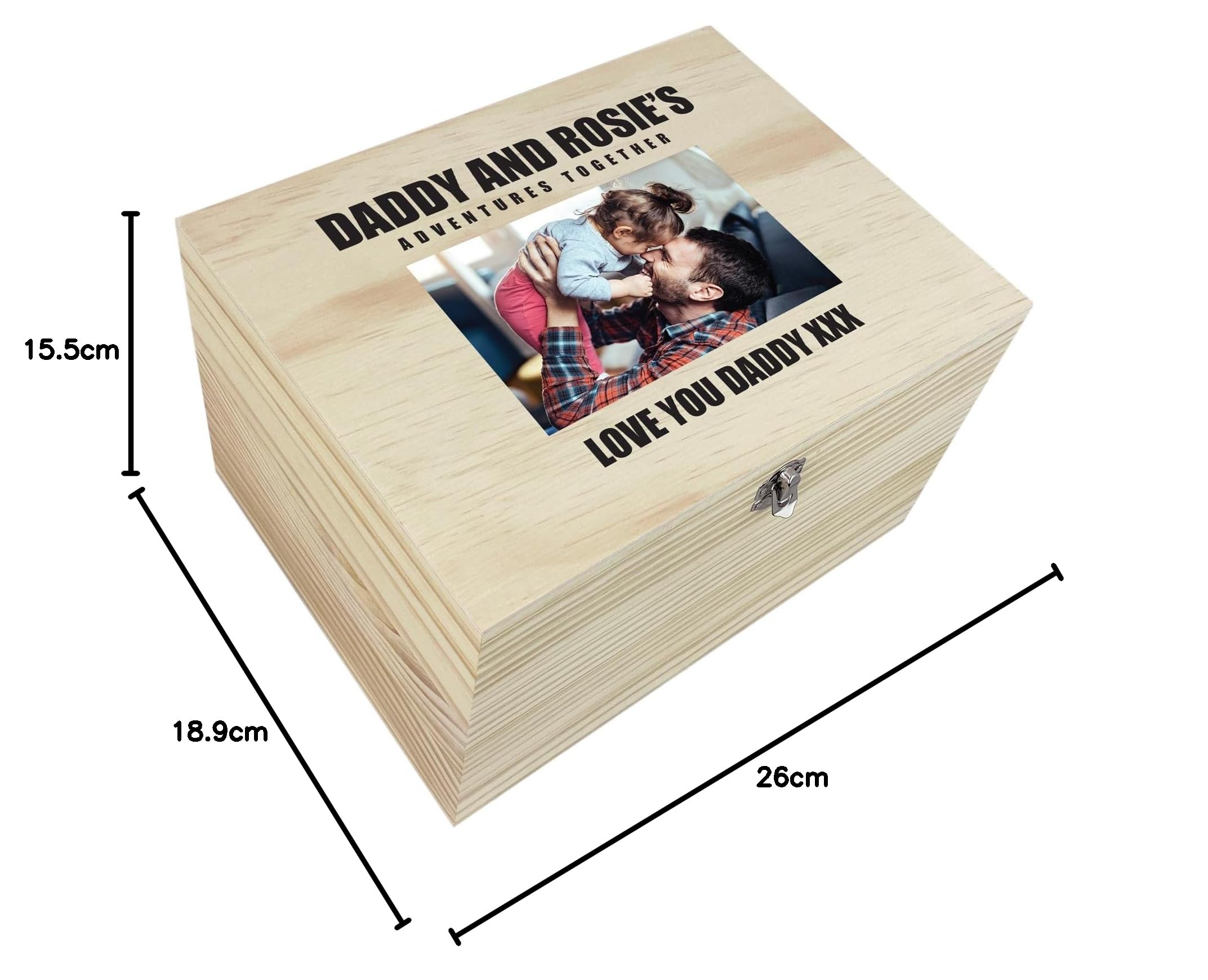 Caja de recuerdos personalizable con texto en inglés "Pino personalizable", regalo del día del padre, caja de recuerdos de madera personalizada, carga tu propia foto, bisagras y cierre de metal, 26 cm