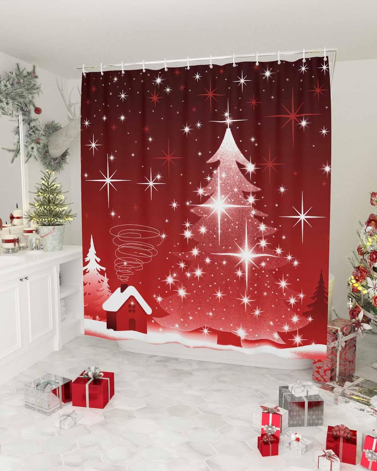 Prime Leader Shower Curtains for Bathroom Sets Christmas Tree Decoration Background Bath Curtain Durable Waterproof Polyester Washable Shower Curtain Bathroom Accessories with Hooks 60" x 72"