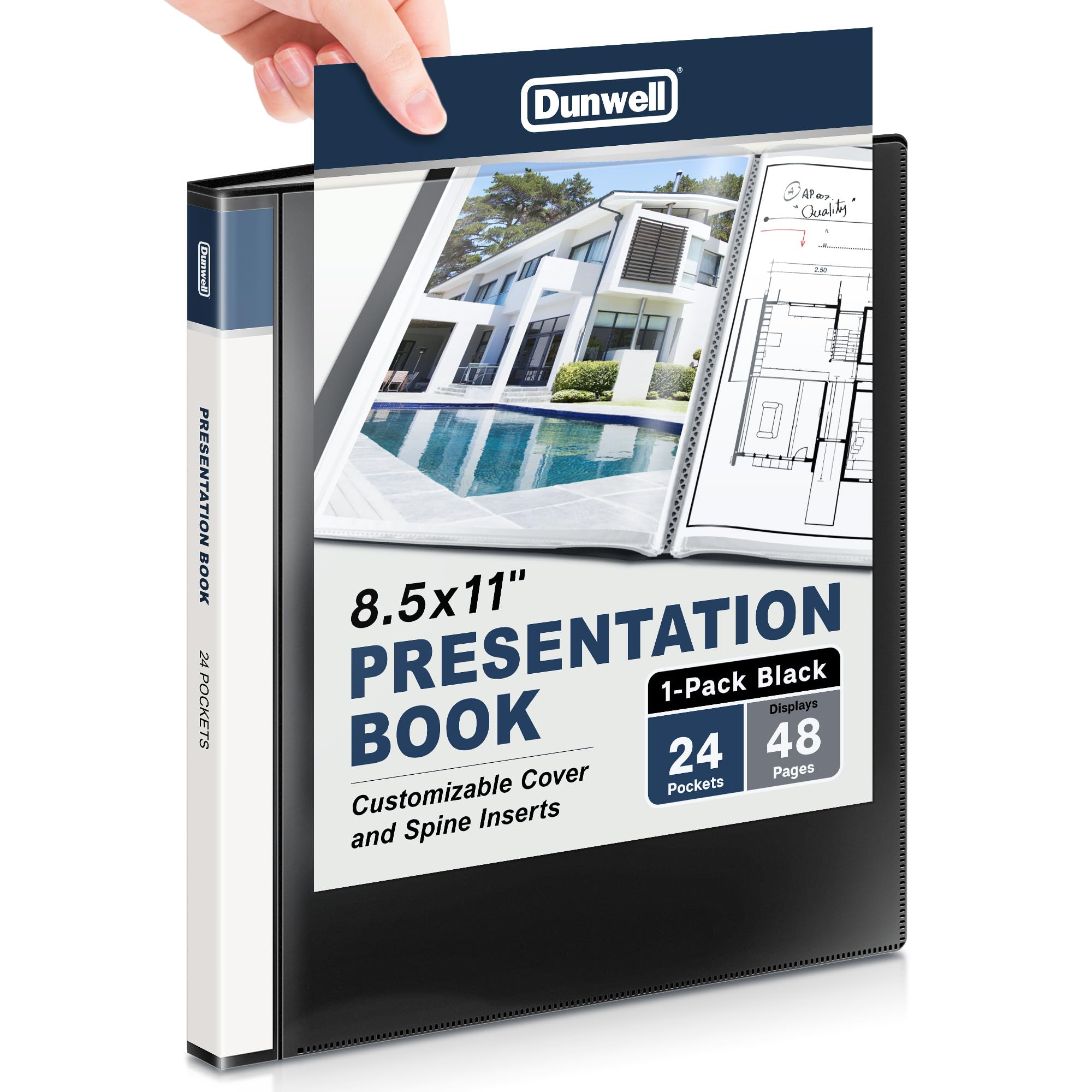 Dunwell Binder with Plastic Sleeves 24-Pocket (Black), Presentation Book, 8.5 x 11 Portfolio Folder with Clear Sheet Protectors, Displays 48 Pages of Documents, Certificates, Keepsakes