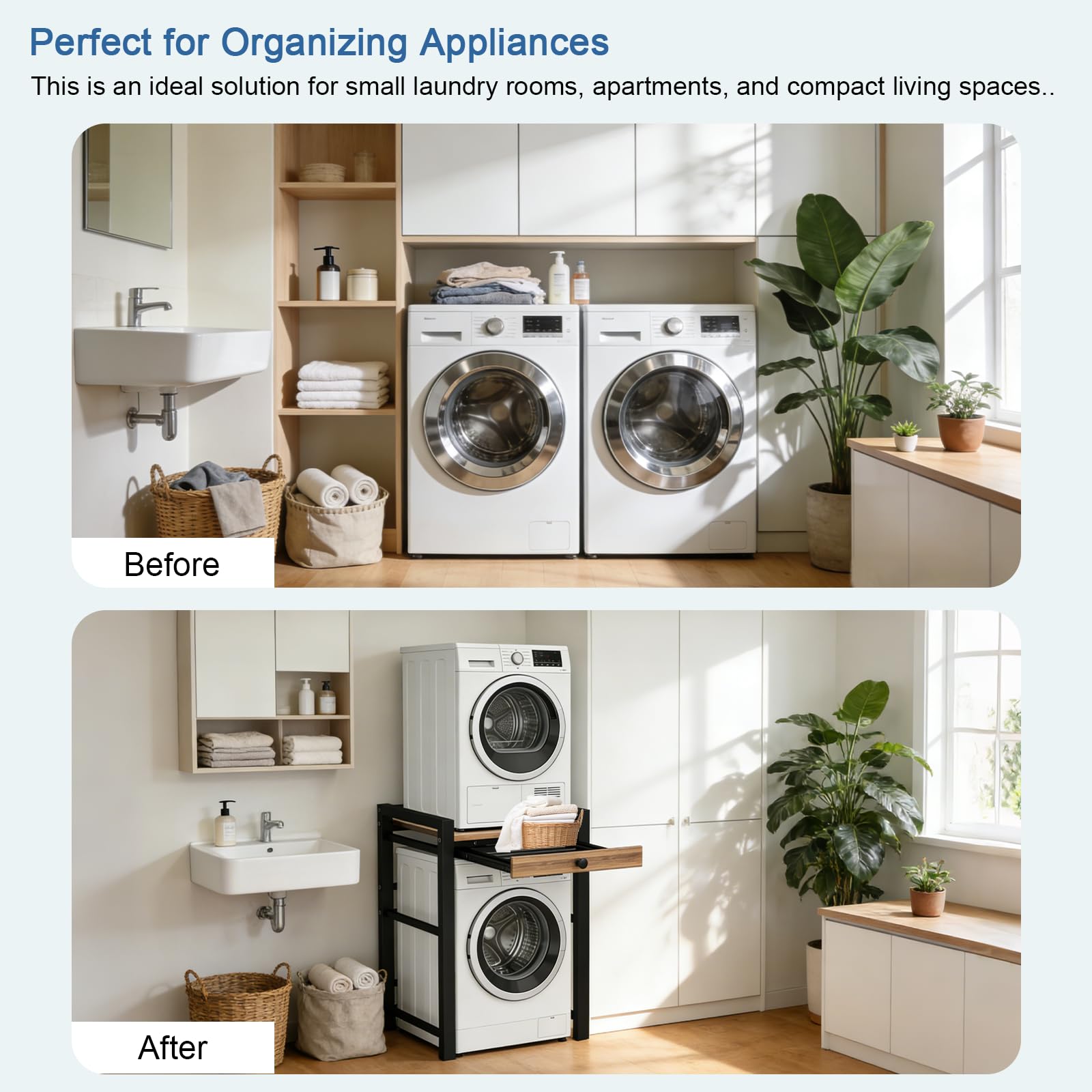 Meuble Machine à Laver avec Tiroir, Étagère pour Machine à Laver et Seche Linge, Meuble Seche Linge Rangement, Cadre en Acier au Carbone, Charge de 350 kg, 75 x 65 x 104 cm (Noir avec Tiroir)