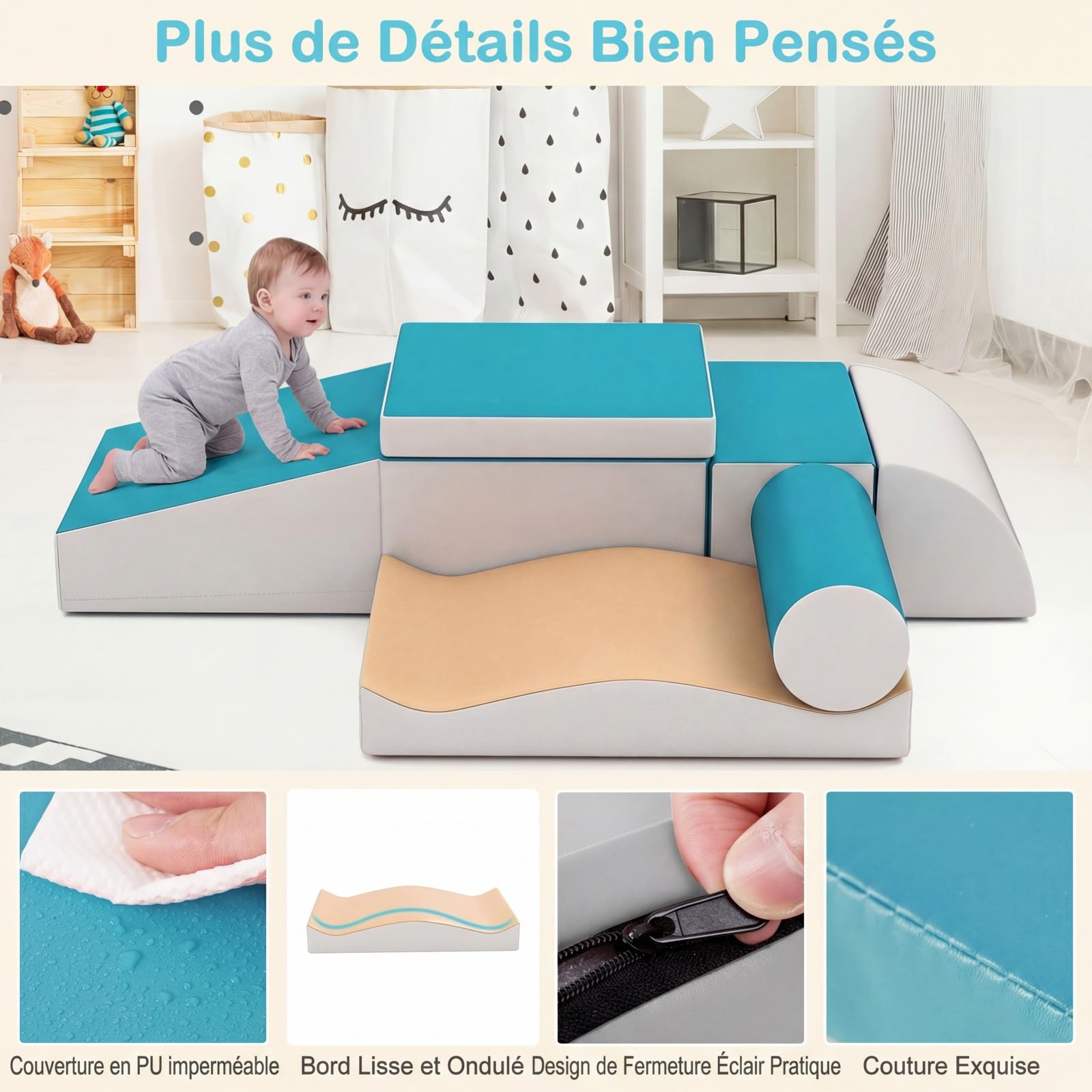 COSTWAY 7PCS Parcours Motricité Bébé en Mousse avec Housse en PU, Module Motricité Bébé avec Diverses Couleurs & Formes, Jouets Éducatifs pour Ramper Grimper, Nettoyage Facile, 18 Mois+ (Bleu)