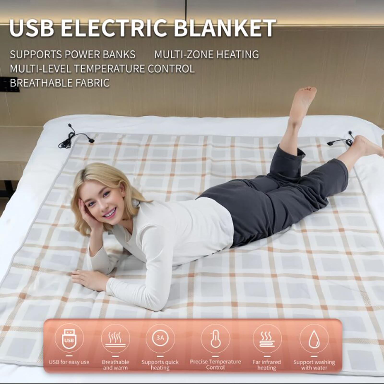 Manta Electrica Recargable USB, Manta Térmica Inalámbrica Portátil 5 Ajustes De Calor Temporizador De Apagado Automático De 2~10 Horas Para Tomar Una Siesta O Relajarse En Casa (Yellow, 160x80cm)