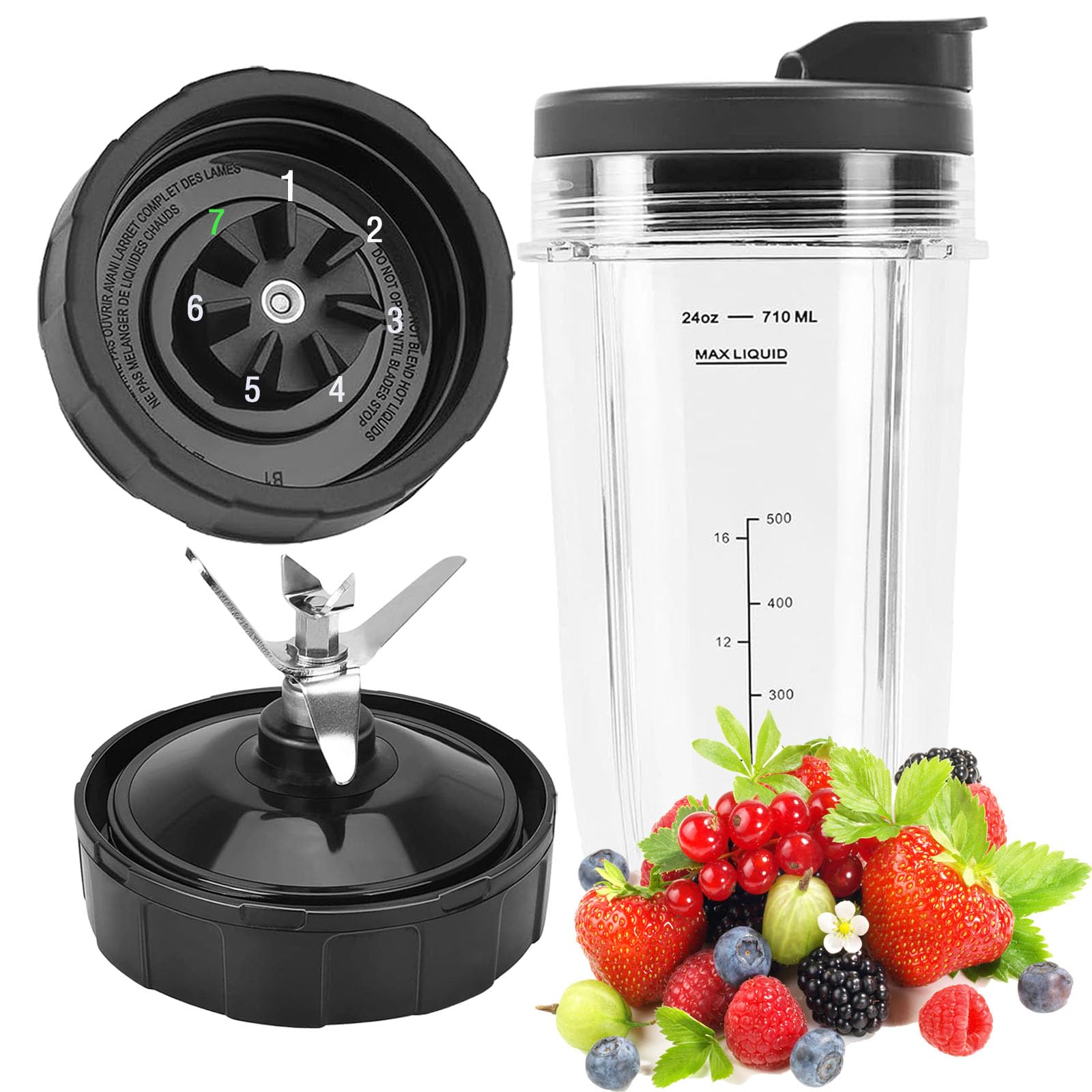 Blender Replacement Parts for Ninja, 24oz Ninja Replacement Cup 7 Fins Ninja Blender Blade Compatible with Ninja BN401 BN751 BN801 BL480_30 BL490_30 BL642 CL405CO CT680 NN100A NN101 NN102 BL2012