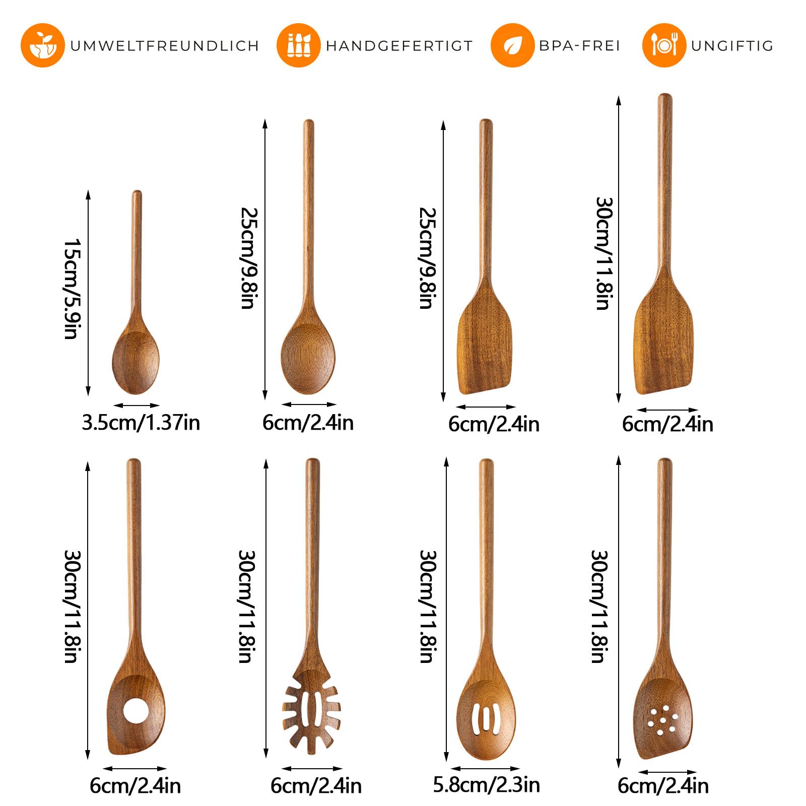 Kottwca Juego de cucharas de madera, juego de 8 piezas, cucharas de cocina de madera de acacia, resistentes y duraderas, cucharas de madera para sartenes antiadherentes