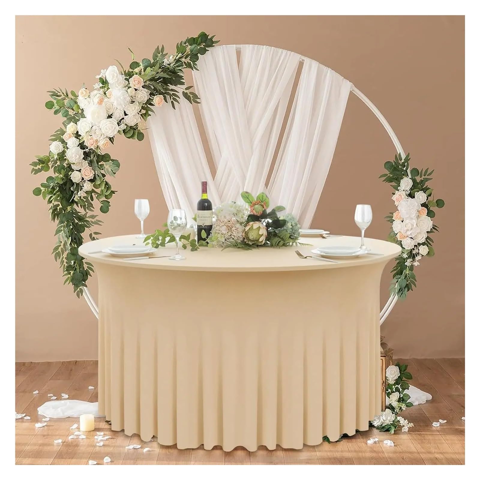 XUCZHAI Spandex Round Wedding Table Cover Wrinkle Stretch Fitted with Ruffle Skirt For Party Banquet For Banquets, Wedding, Parties(Champagne,6FT 183x78cm)