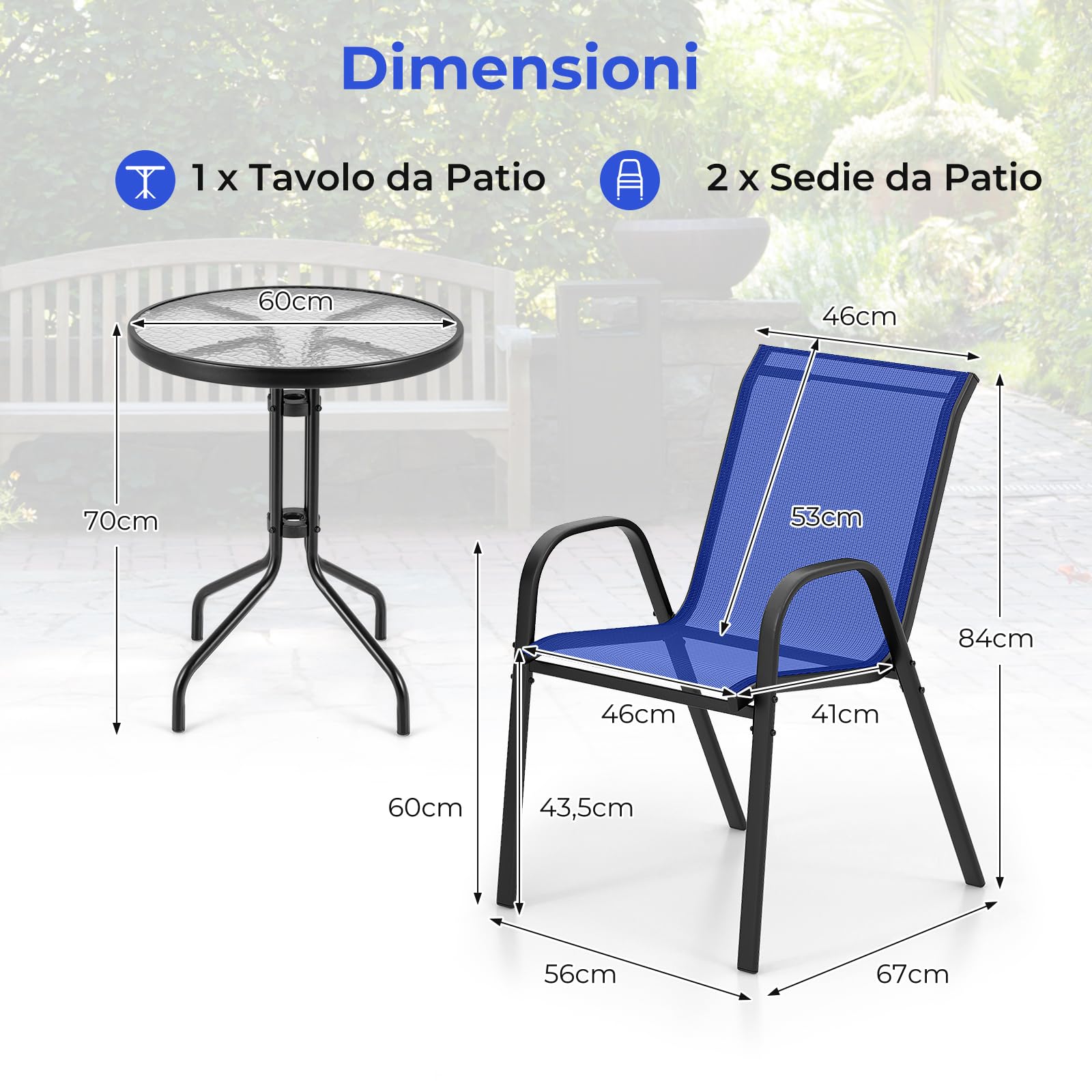 COSTWAY Set Mobili da Giardino 3 Pezzi, con Tavolo Rotondo in Vetro Temperato e 2 Sedie in Textilene Traspirante, per Esterno Balcone Giardino (Blu)
