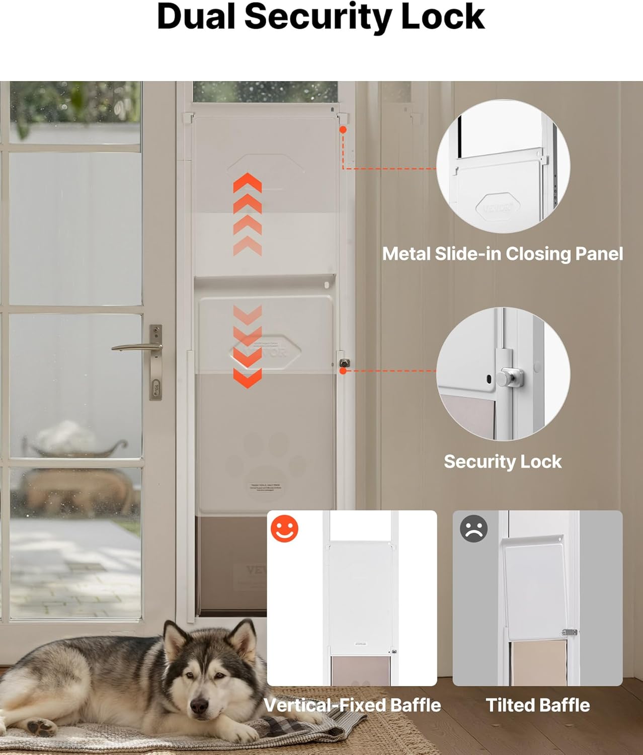 Image showing the dual security lock mechanism of the VEVOR pet door, including the metal slide-in closing panel and the security lock.