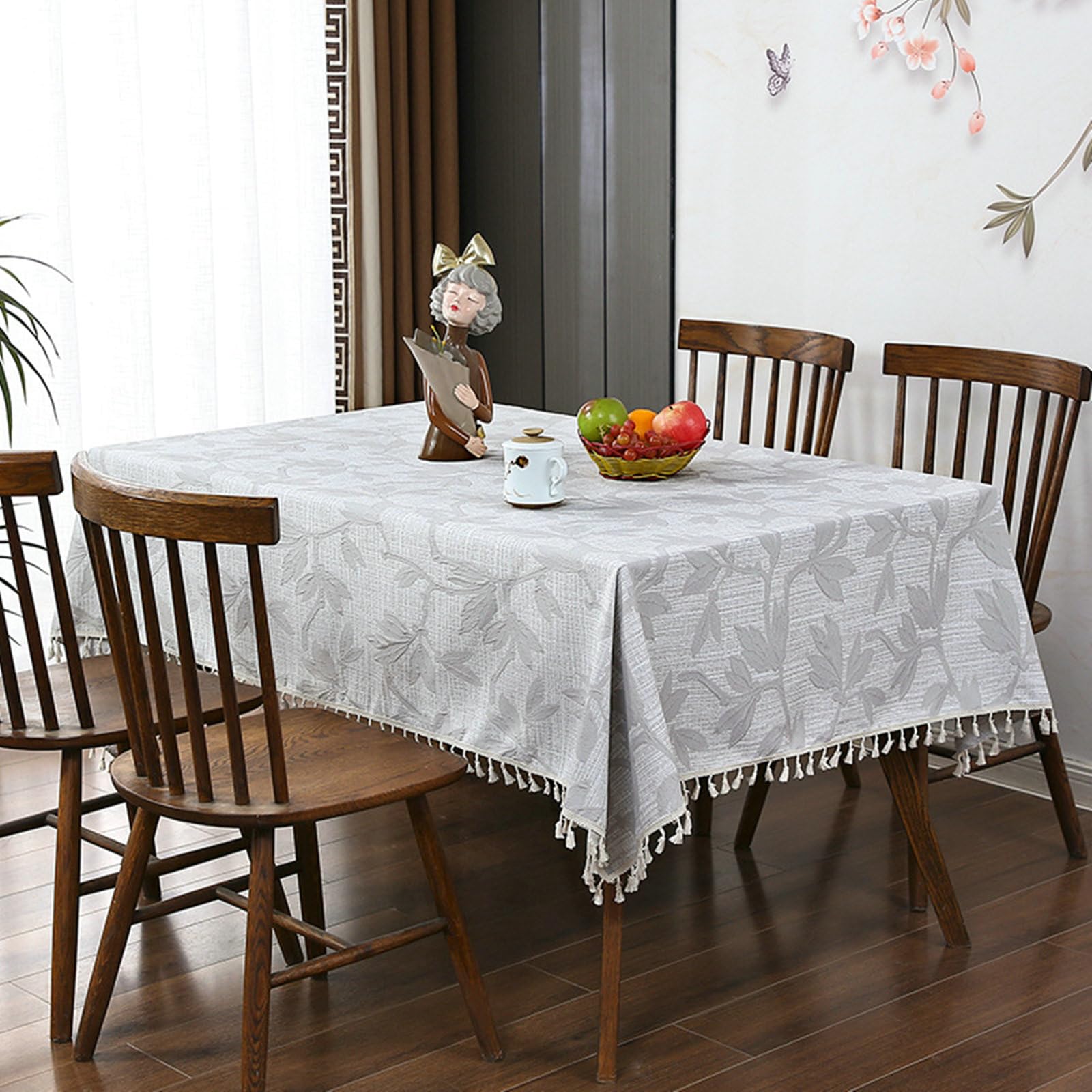 Nappe Jacquard Feuille Bleu Grisen Tissu Epaisse 140x300CM