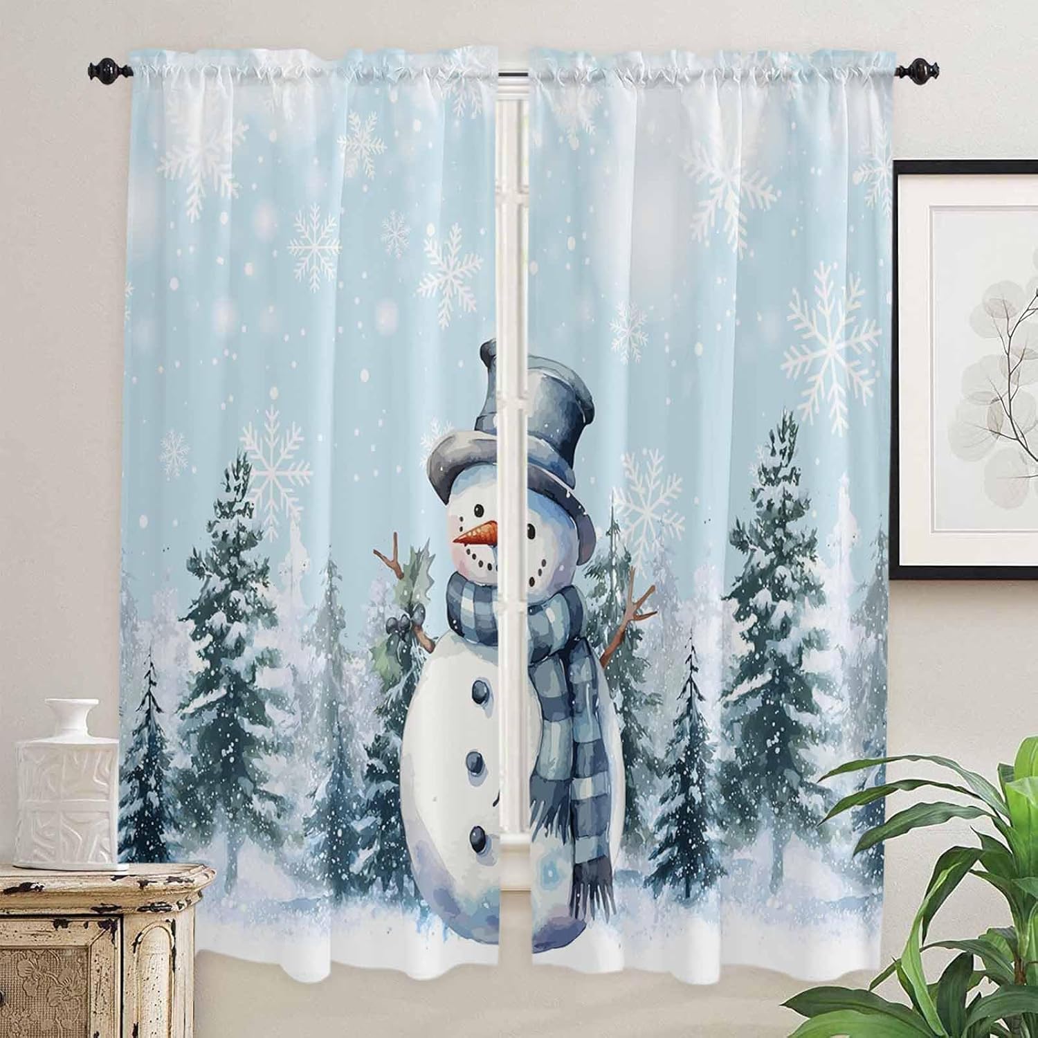 Christmas Snowman Window Curtains 72 Inch Long 2 Panel Set, Rod Pocket Long Curtains & Drapes, Xmas Trees Winter Blue Snowflake Light Filtering Window Treatment for Bedroom Living Room 52"W x 72"L