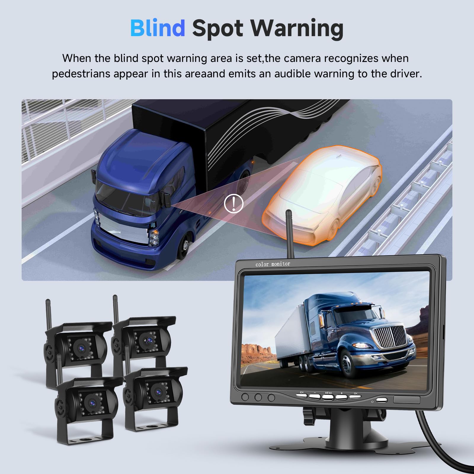 Kit di quattro telecamere posteriori 1080P HD senza fili, monitor LCD da 7 pollici con 4 telecamere di backup per rimorchi camper camion auto bus, linee guida, IP68, visione notturna, 12V-36V