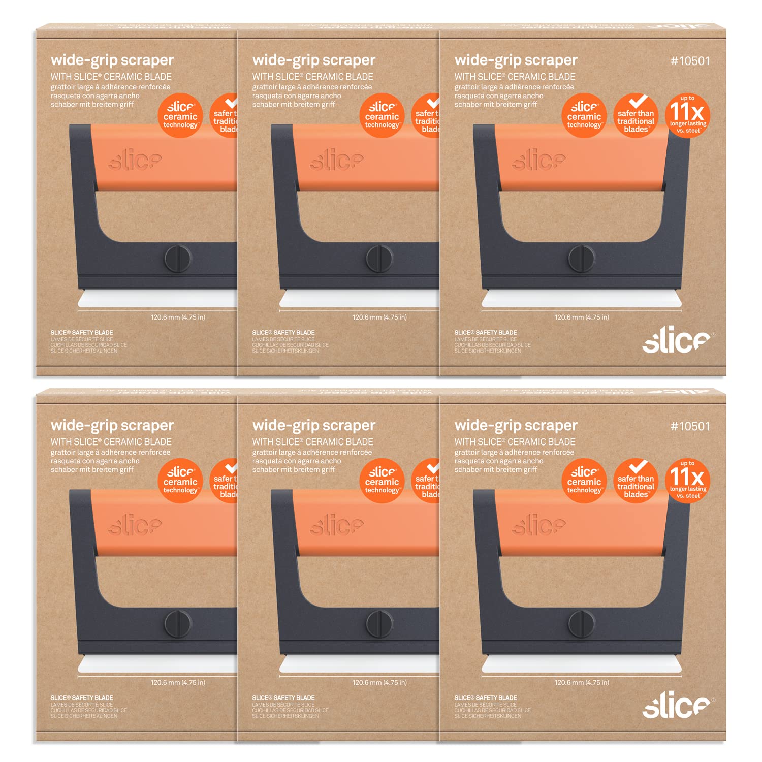 Slice 10501 Wide Scraper, Easy Clean, Ceramic Blade Lasts 11x as Long as Metal, Finger Friendly, Never Rusts, Safety Cap, Short Handle, 6 Pack