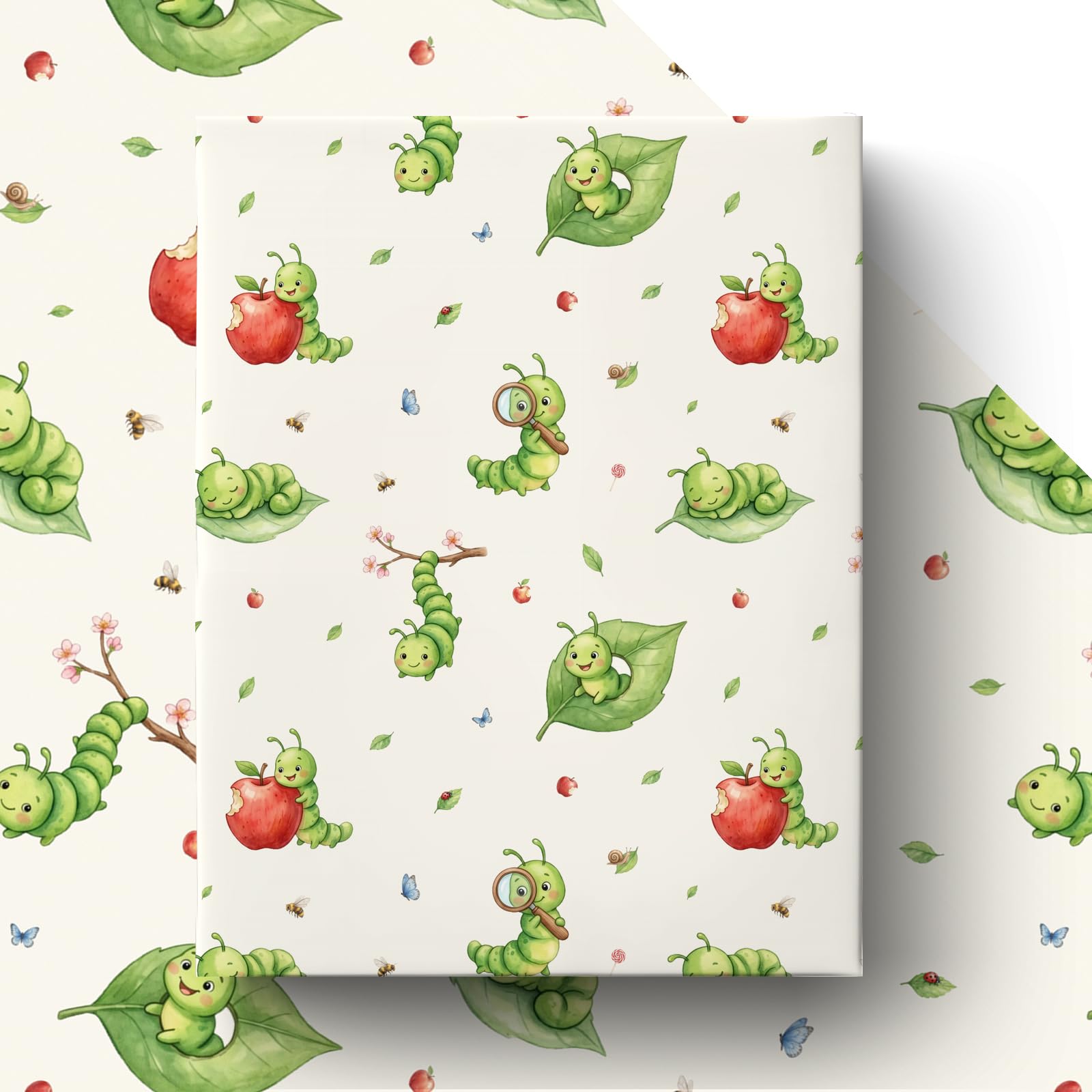 GleeWrap Caterpillar Wrapping Paper, Cute Bug Insect Gift Wrap for Kids Birthday, Garden Animal Party & Baby Shower Gifts, 4 Sheets, 50 × 70 cm