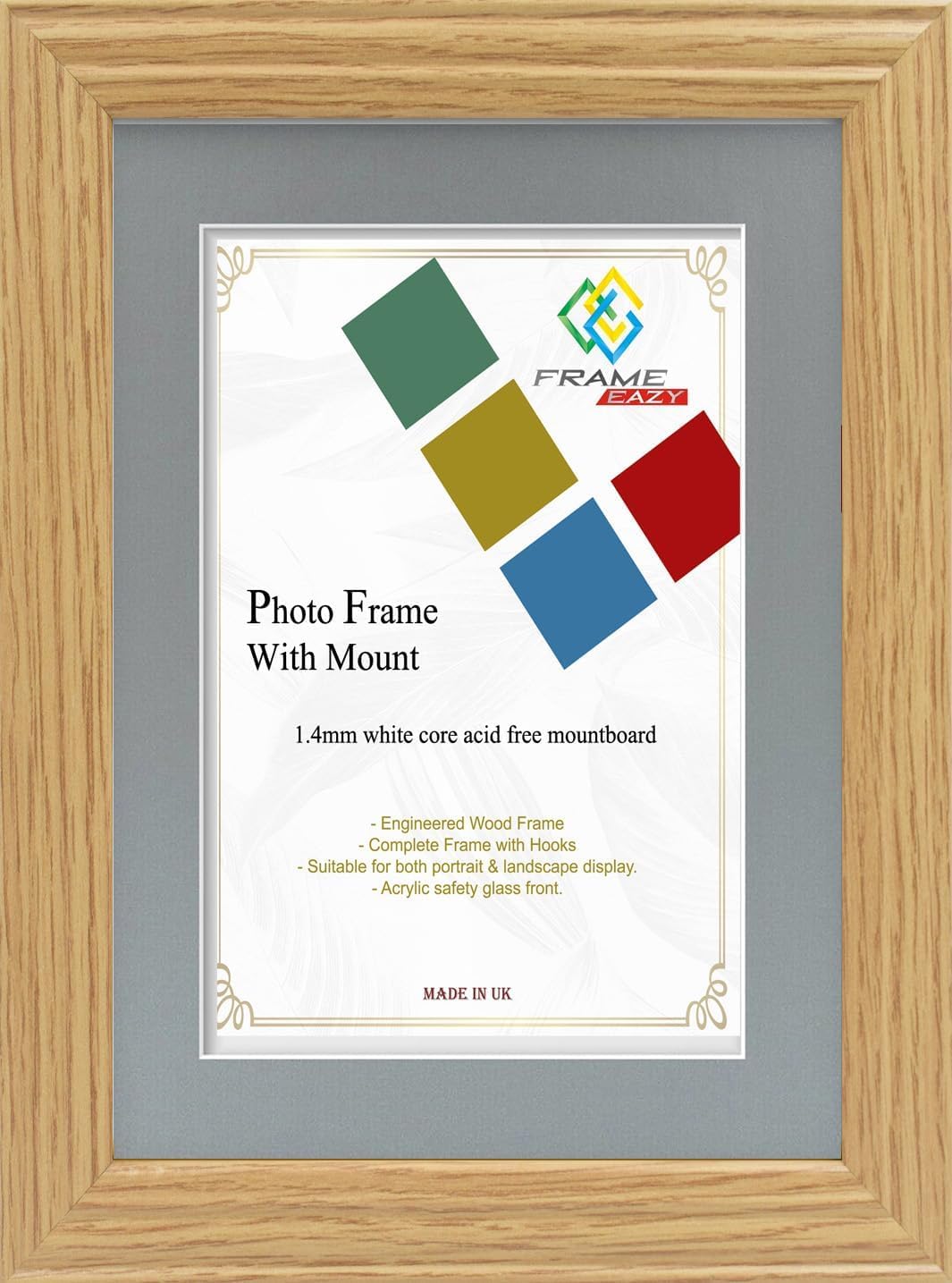 FRAME EAZY Oak 10x10 Photo Frame with 8x8 Grey Mount - Antique Style Picture Frame With Safe Perspex Front - Frame 10" x 10" For Picture Size 8" x 8"