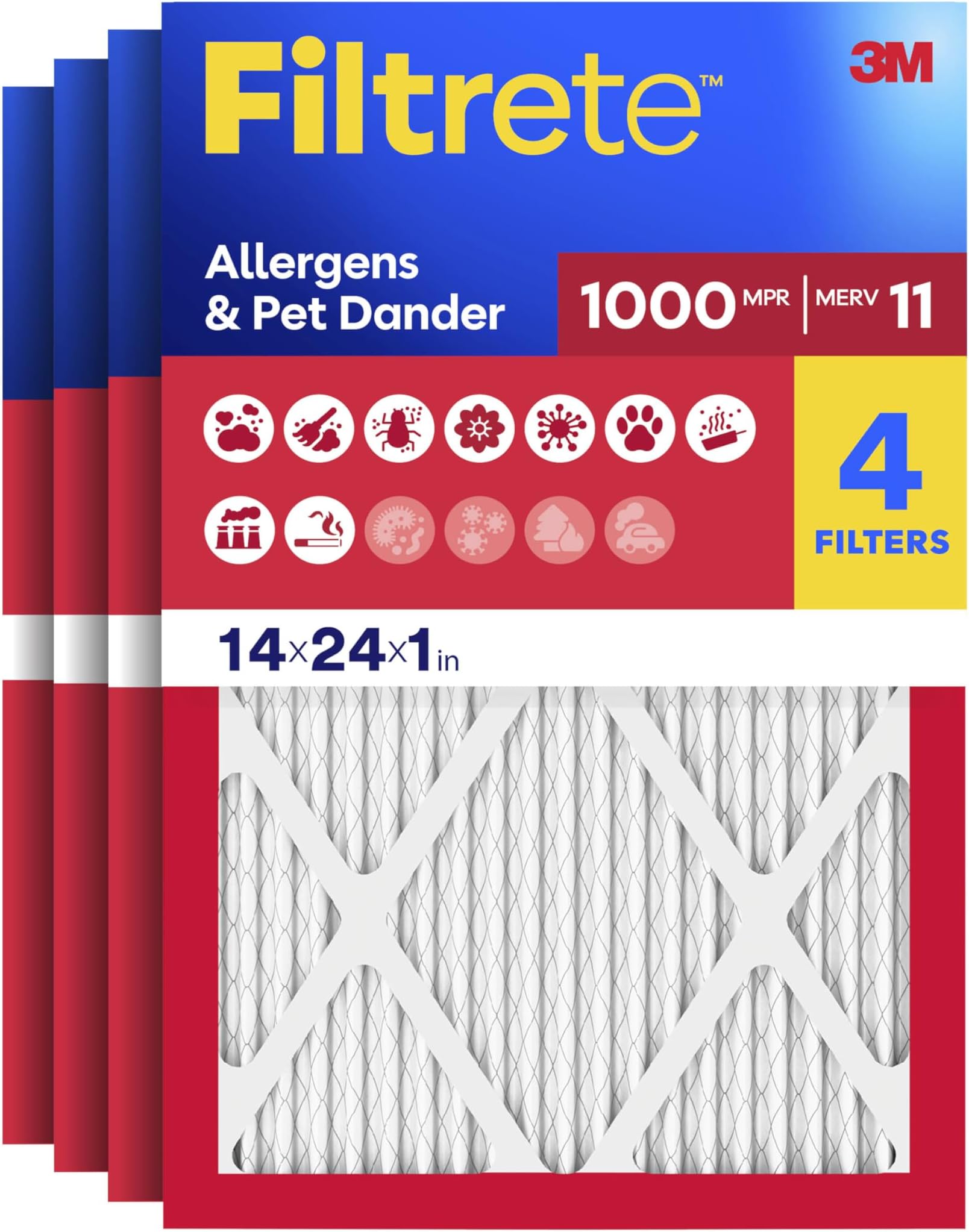 14x24x1 Air Filter, MERV 11, MPR 1000, Allergens & Pet Dander, 3-Month AC and Furnace Filters, Cleaner Air, Reliable Airflow, 4 HVAC Filters (Actual Size 13.68 x 23.68 x 0.81 in)
