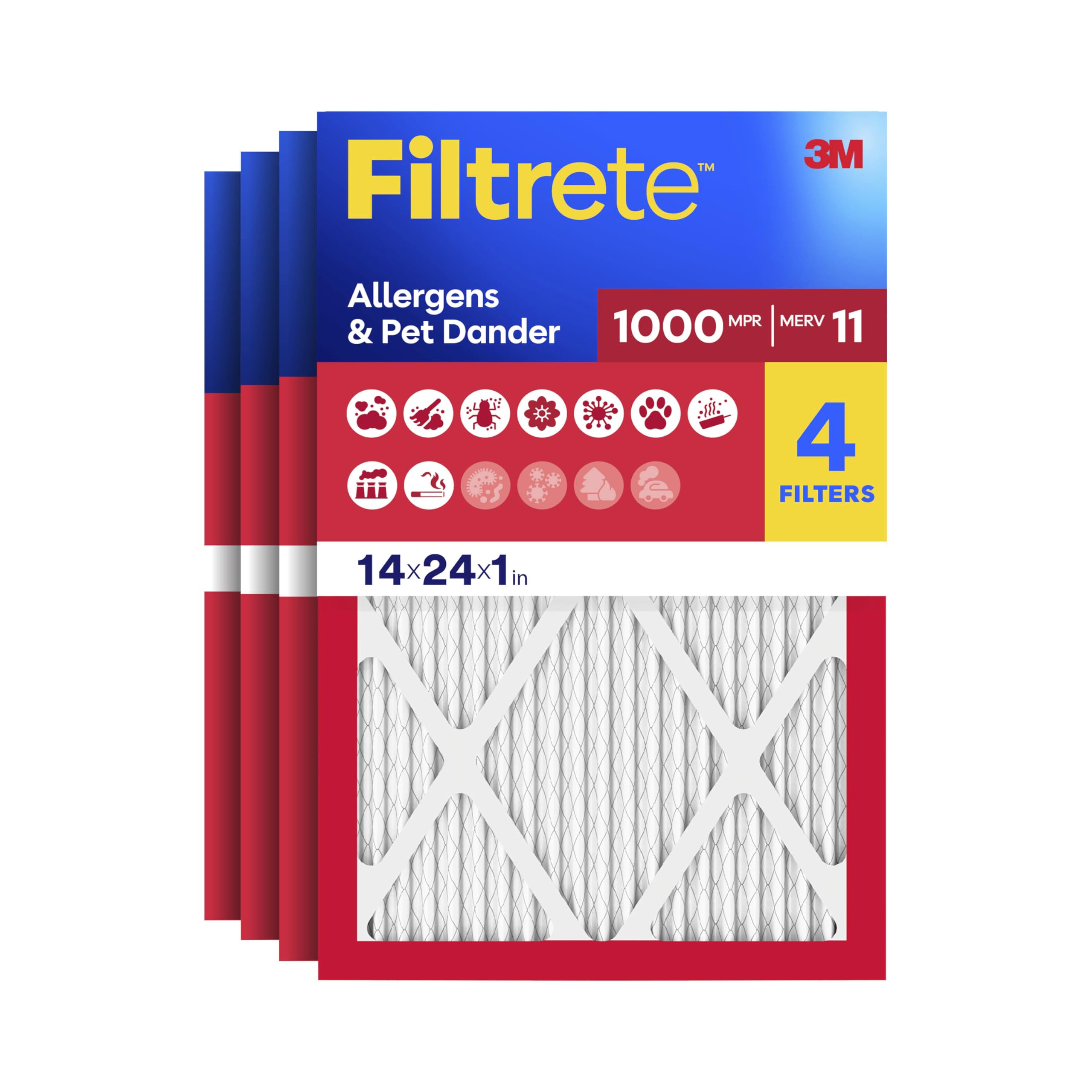 Filtrete 14x24x1 Air Filter, MERV 11, MPR 1000, Allergens &amp; Pet Dander, 3-Month AC and Furnace Filters, Cleaner Air, Reliable Airflow, 4 HVAC Filters (Actual Size 13.68 x 23.68 x 0.81 in)